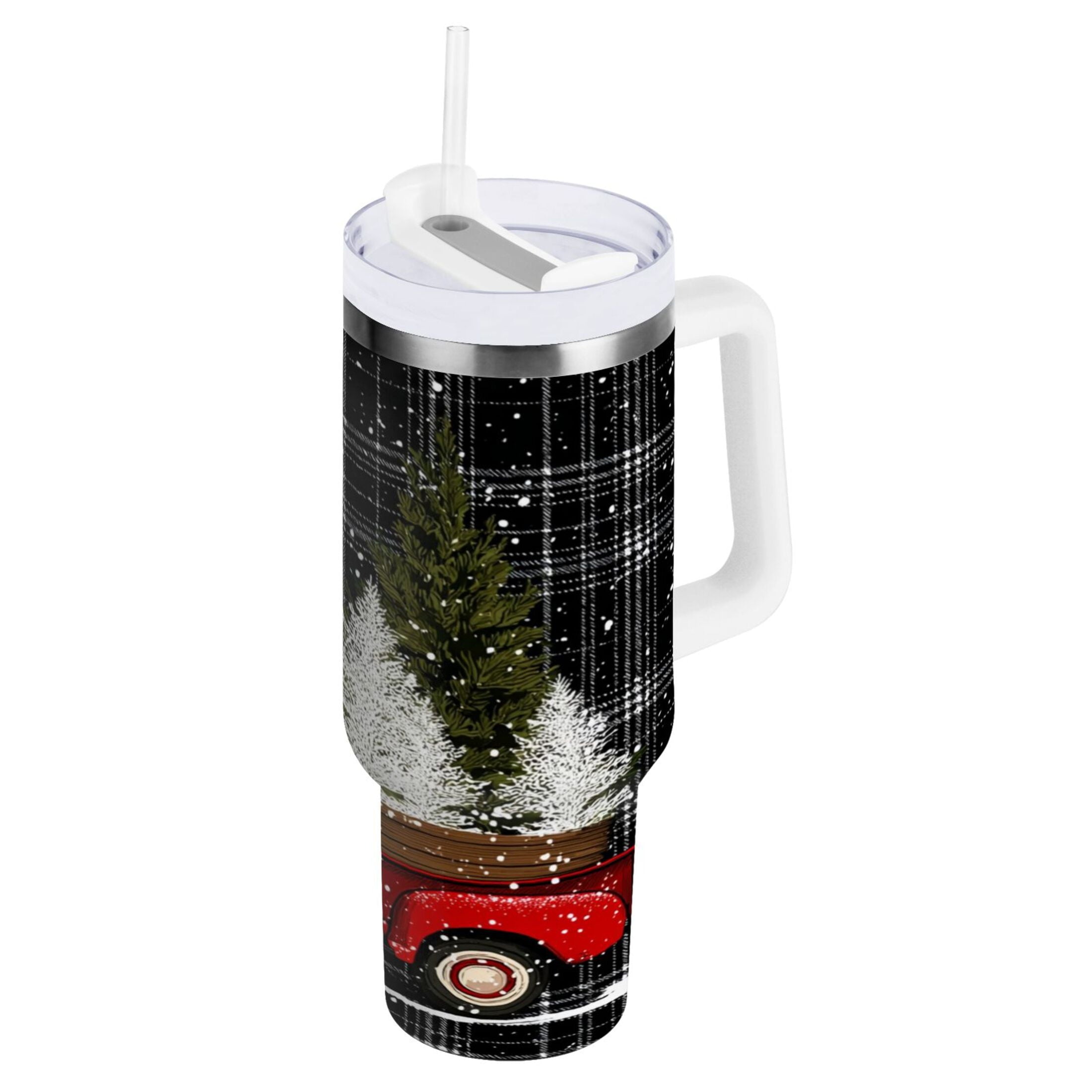 40 oz Insulated Stainless Steel Tumbler Double Wall Stainless Steel Tumbler with 2-Way Drinking Red Truck with Christmas Tree H1CN