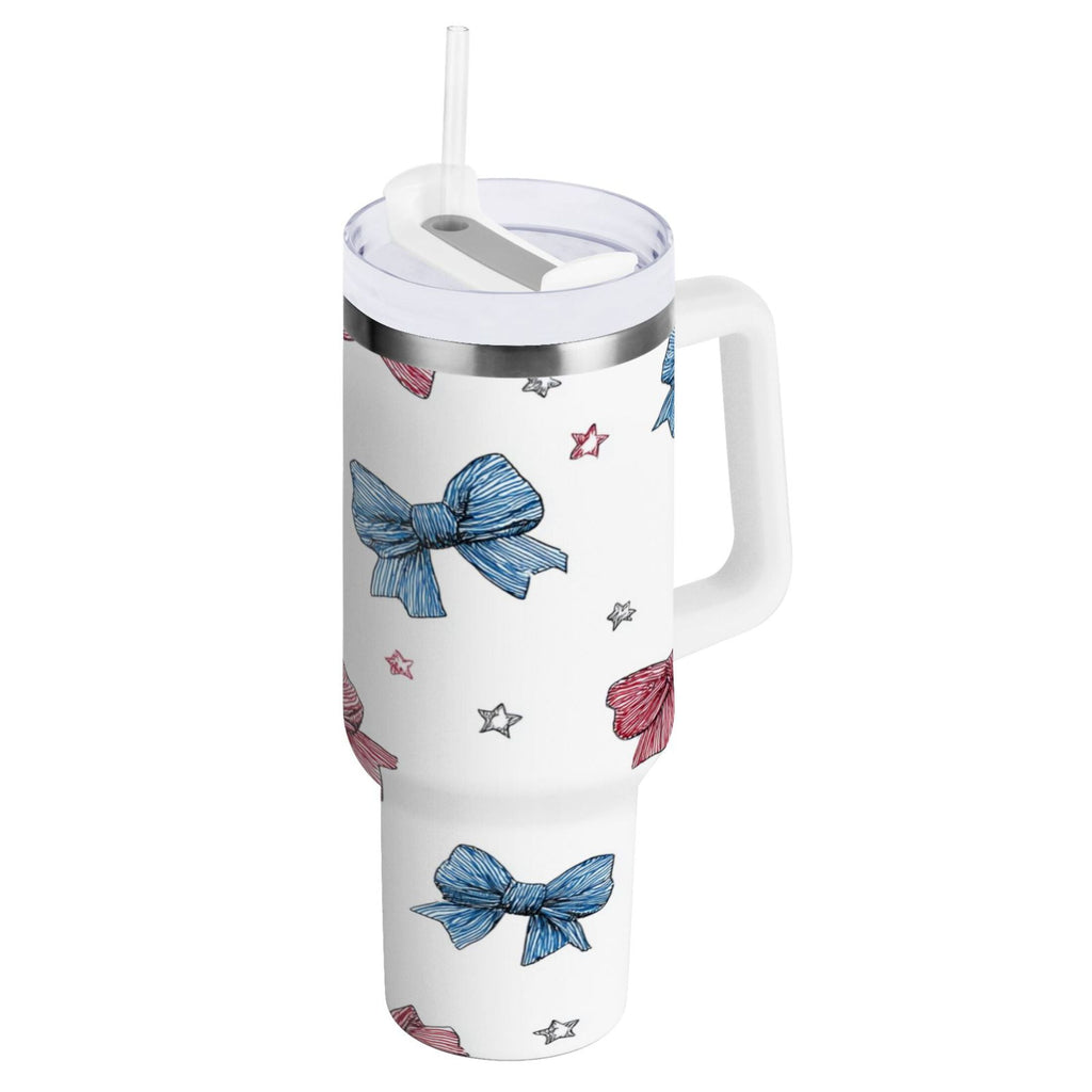 40 oz Insulated Stainless Steel Tumbler Double Wall Stainless Steel Tumbler with 2-Way Drinking Red and Blue Stripes Bows OIXH