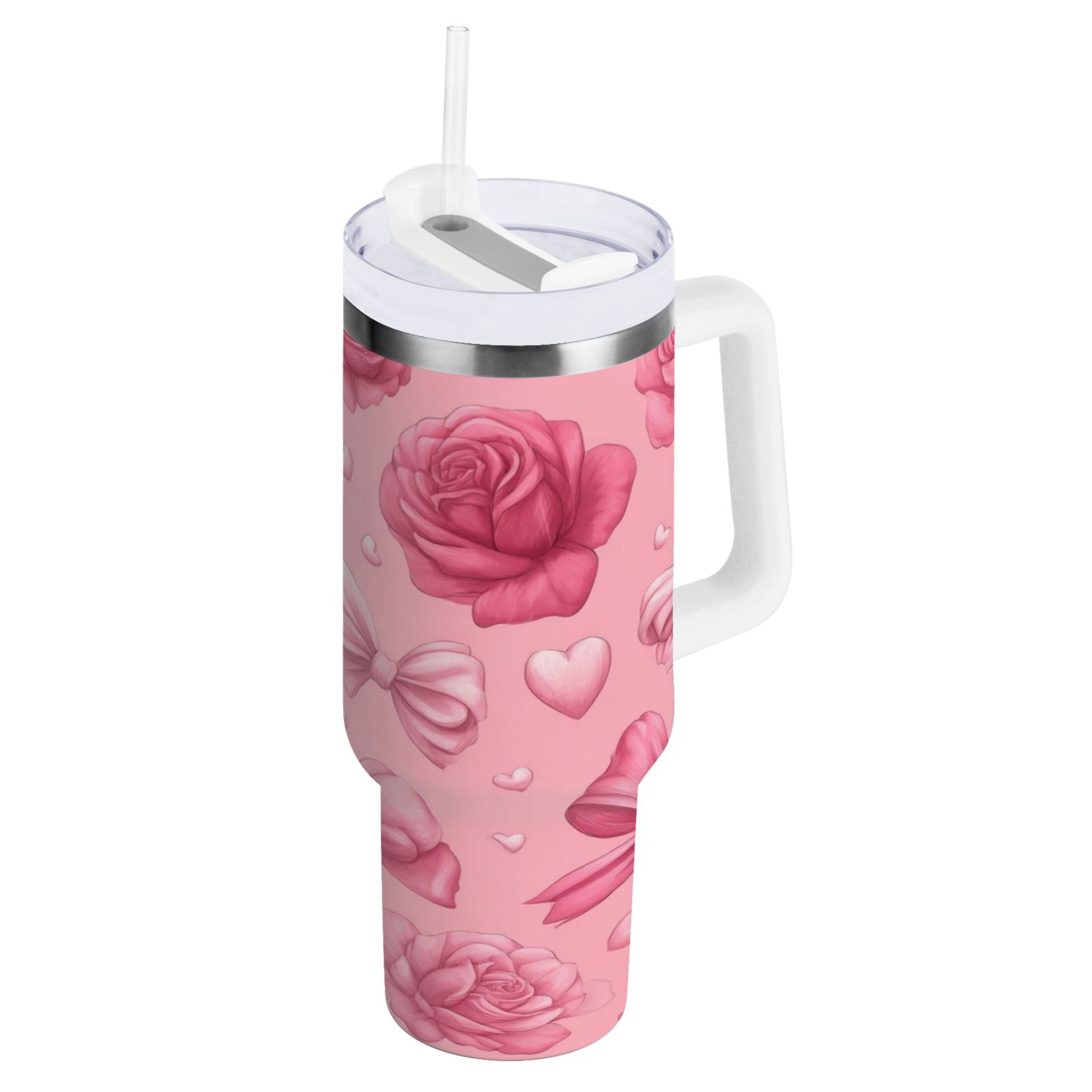 40 oz Insulated Stainless Steel Tumbler Double Wall Stainless Steel Tumbler with 2-Way Drinking Roses and Bows Pattern QV9Q