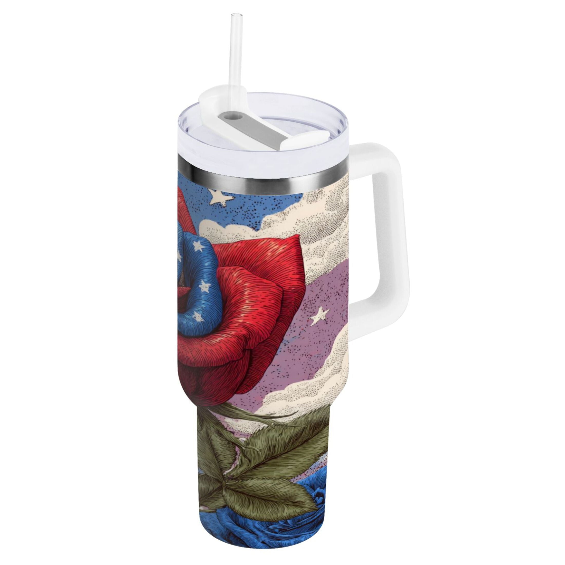 40 oz Insulated Stainless Steel Tumbler Double Wall Stainless Steel Tumbler with 2-Way Drinking Roses and Clouds D14B