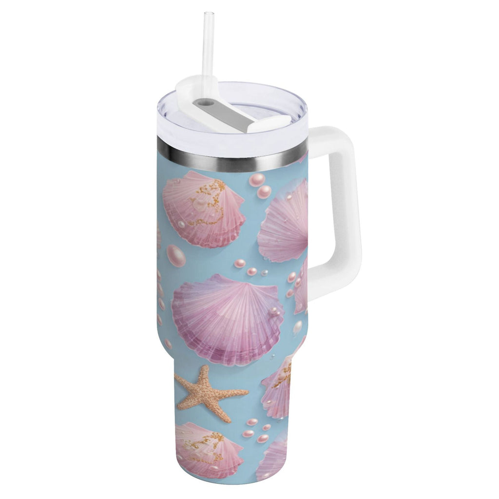 40 oz Insulated Stainless Steel Tumbler Double Wall Stainless Steel Tumbler with 2-Way Drinking Seashells and Pearls Pattern D63B