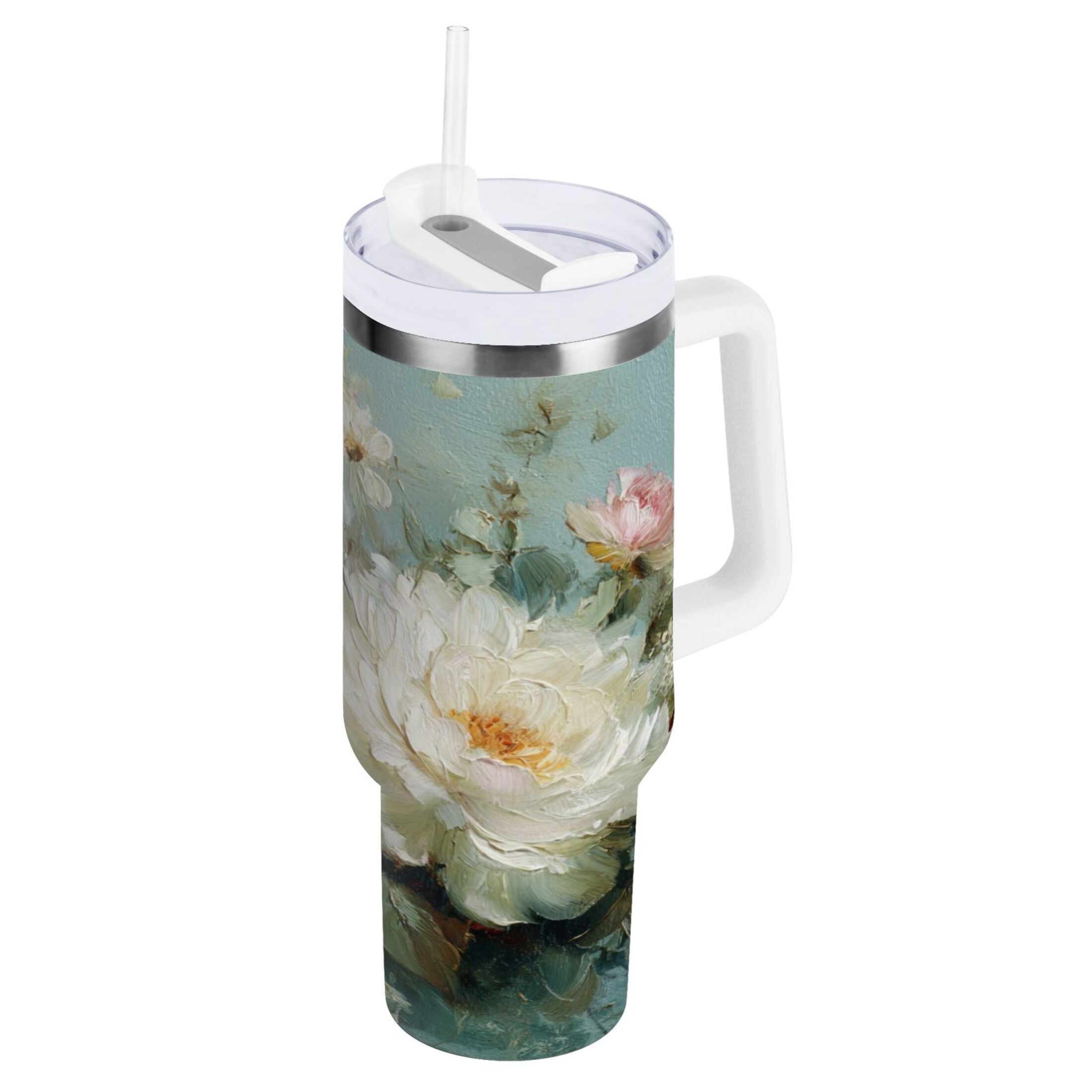 40 oz Insulated Stainless Steel Tumbler Double Wall Stainless Steel Tumbler with 2-Way Drinking Vintage Peonies and Daisies 037B