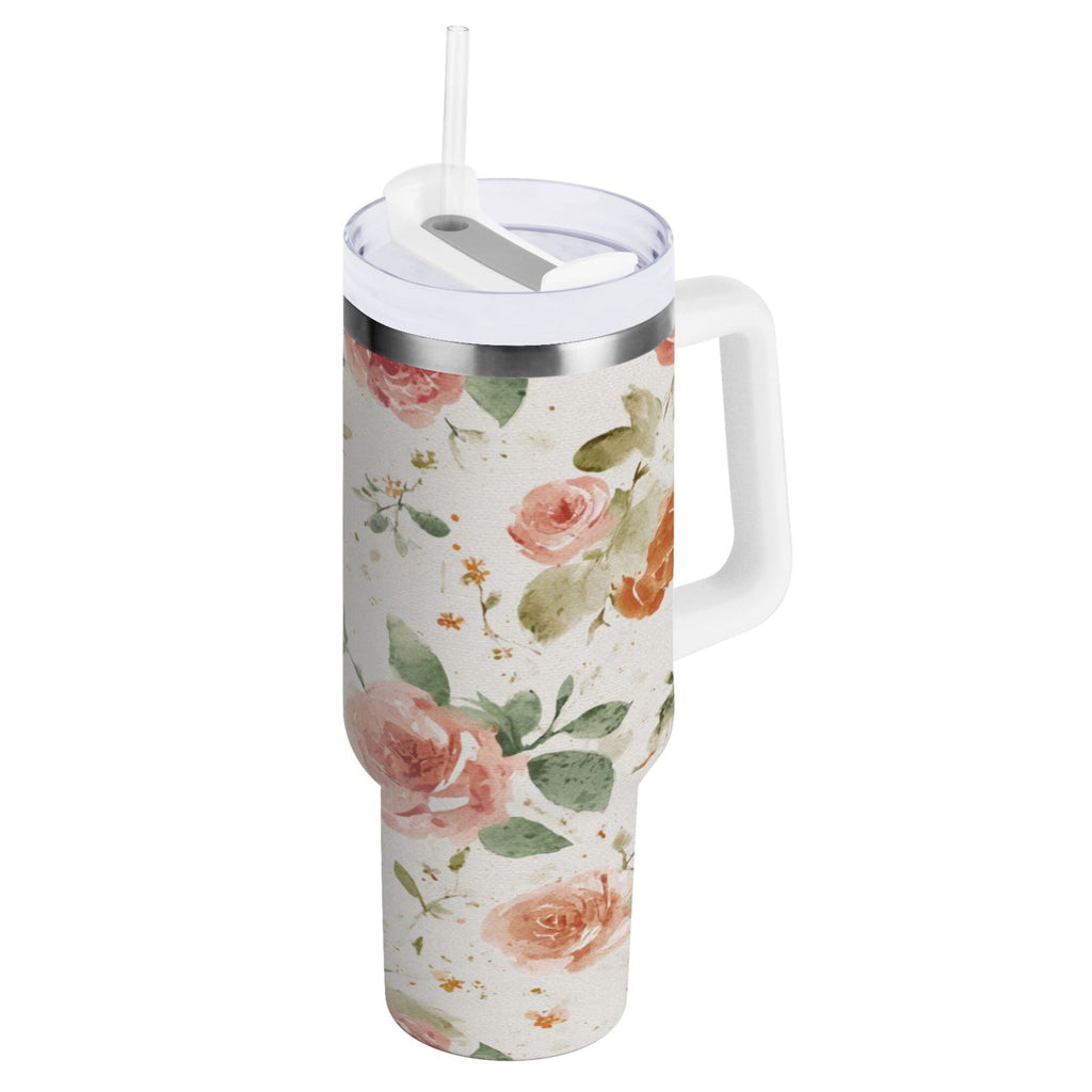40 oz Insulated Stainless Steel Tumbler Double Wall Stainless Steel Tumbler with 2-Way Drinking Watercolor Rose Floral Pattern 3Q7D