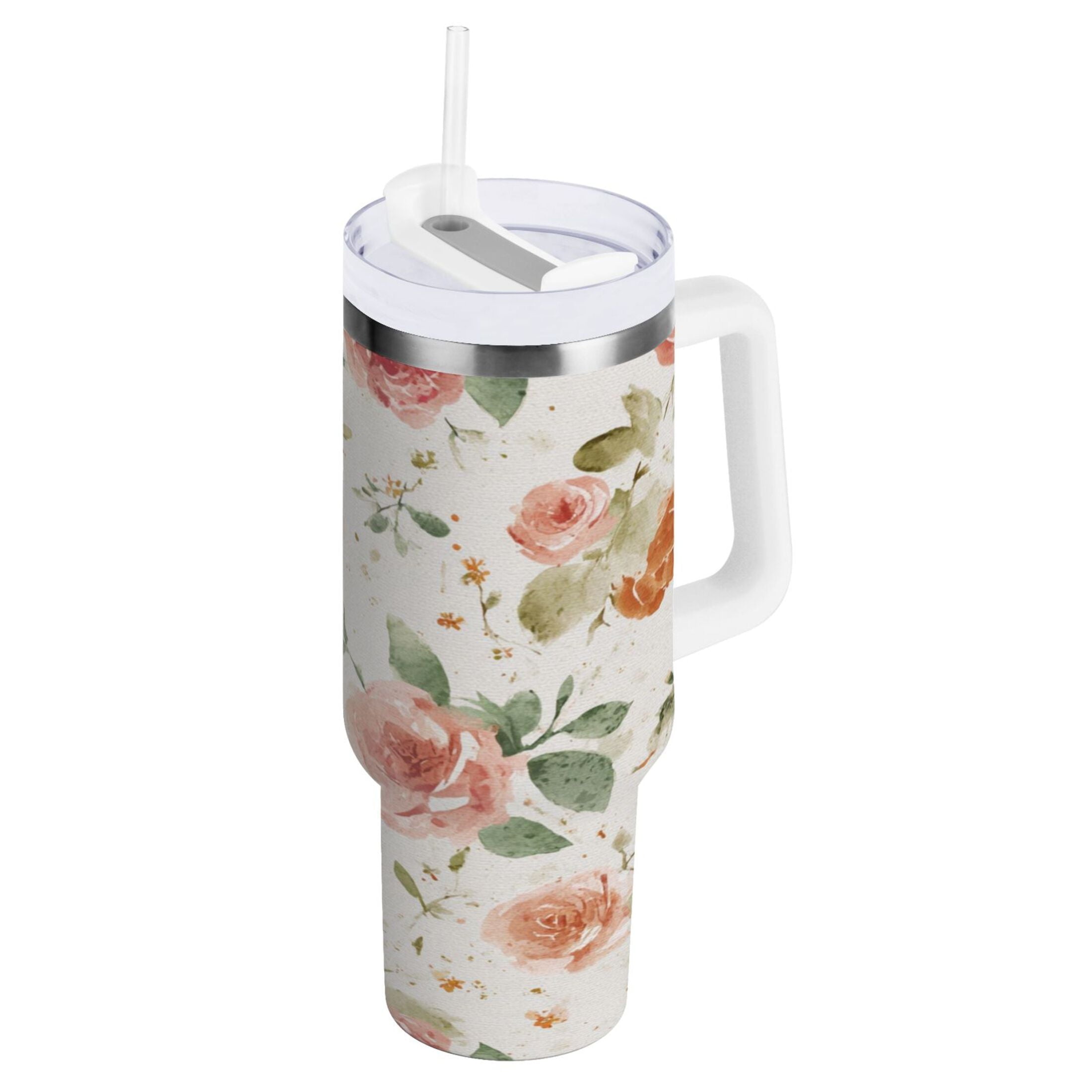 40 oz Insulated Stainless Steel Tumbler Double Wall Stainless Steel Tumbler with 2-Way Drinking Watercolor Rose Floral Pattern 3Q7D
