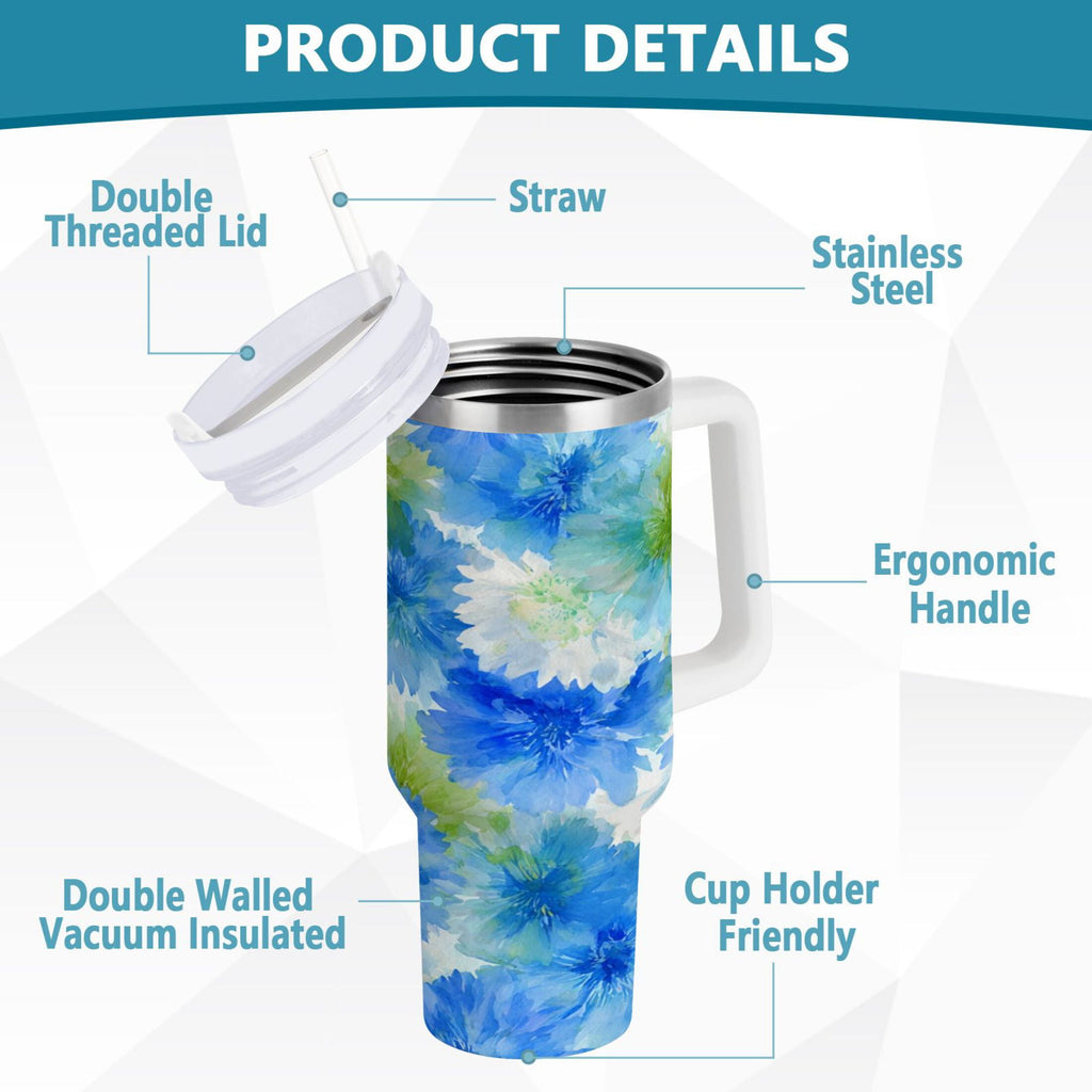 40 oz Insulated Stainless Steel Tumbler Double Wall Stainless Steel Tumbler with 2-Way Drinking Watercolor Blue Cornflowers D90W