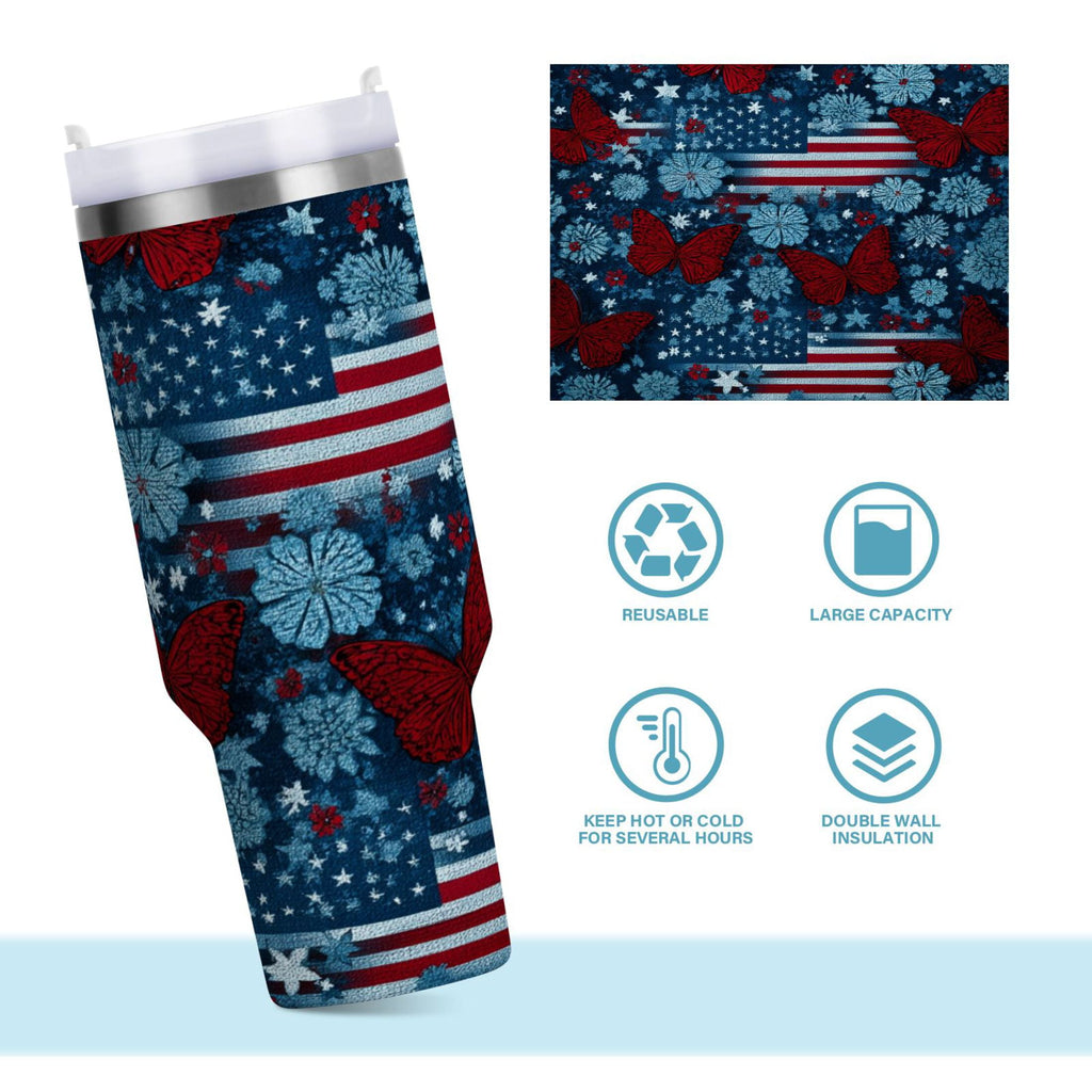 30 oz Insulated Stainless Steel Tumbler Double Wall Stainless Steel Tumbler with 2-Way Drinking Red Butterflies and Flags CB52