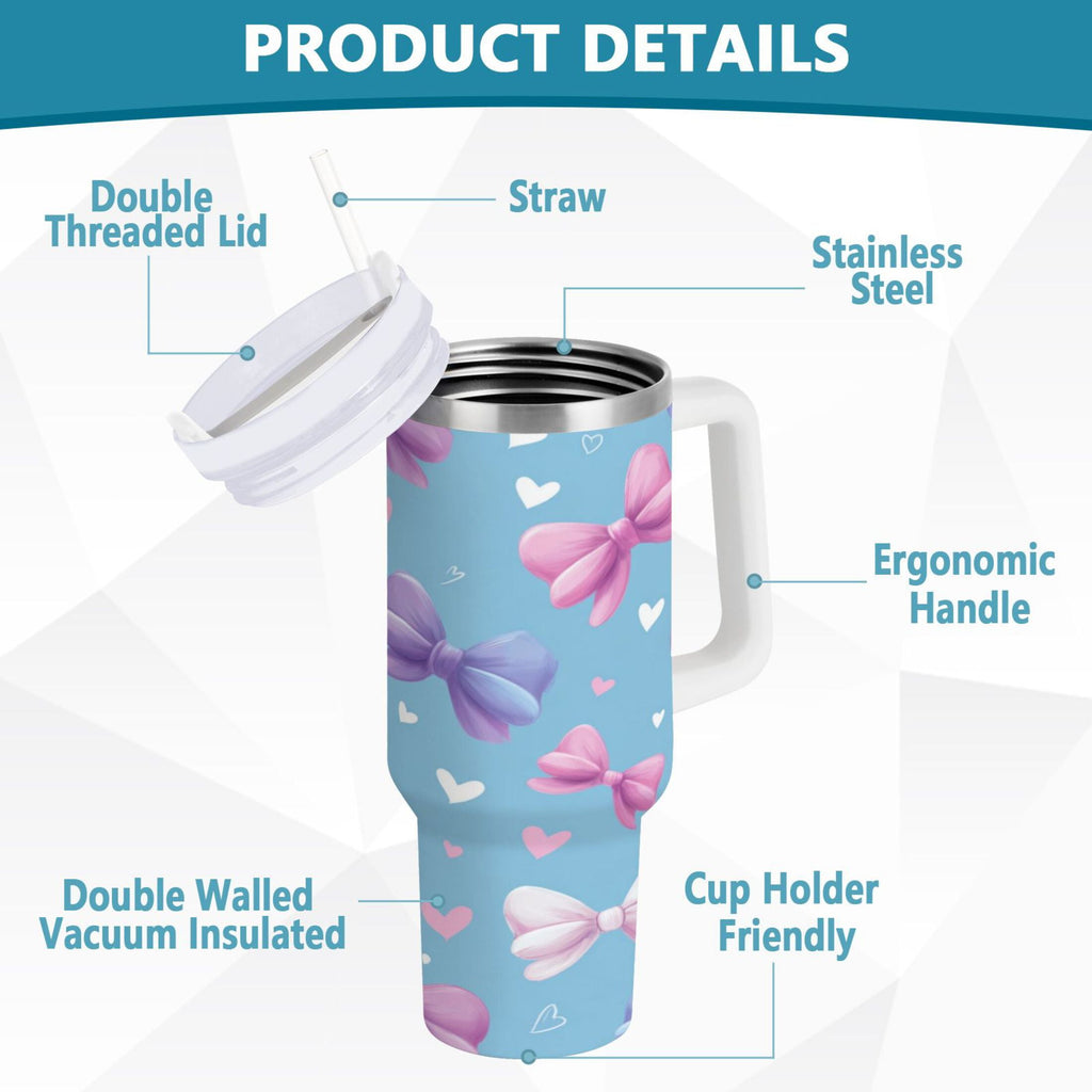 30 oz Insulated Stainless Steel Tumbler Double Wall Stainless Steel Tumbler with 2-Way Drinking Pink and Purple Bows F2KL