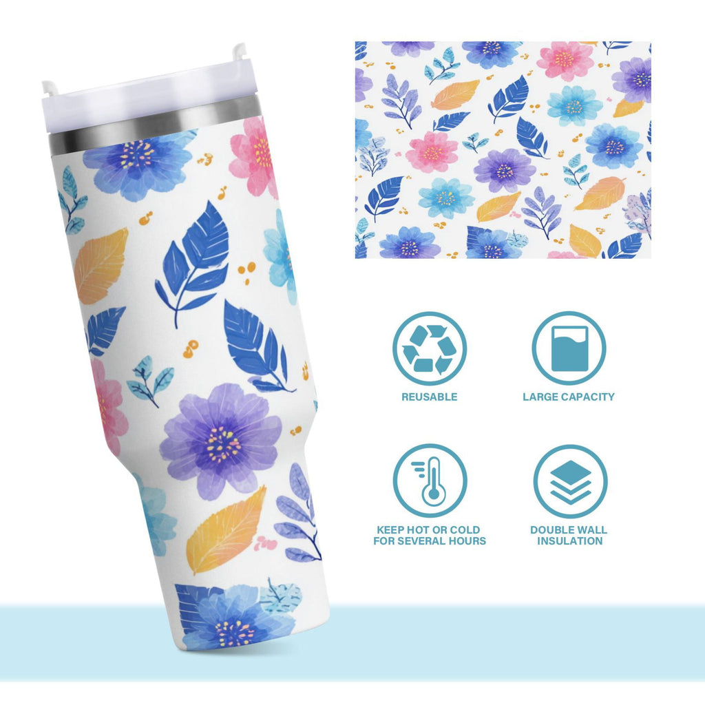 30 oz Insulated Stainless Steel Tumbler Double Wall Stainless Steel Tumbler with 2-Way Drinking Blue and Purple Flowers 48W9