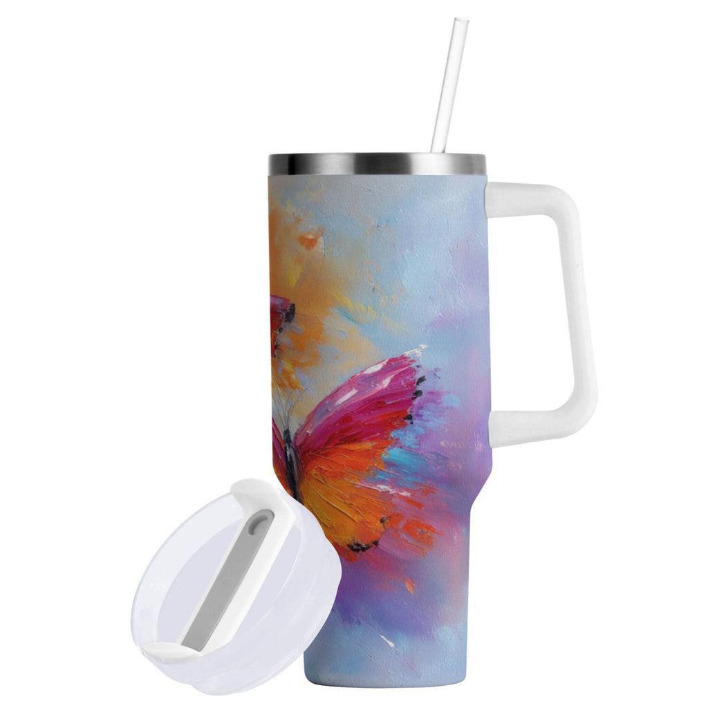 30 oz Insulated Stainless Steel Tumbler Double Wall Stainless Steel Tumbler with 2-Way Drinking Red and Orange Butterflies SBKN