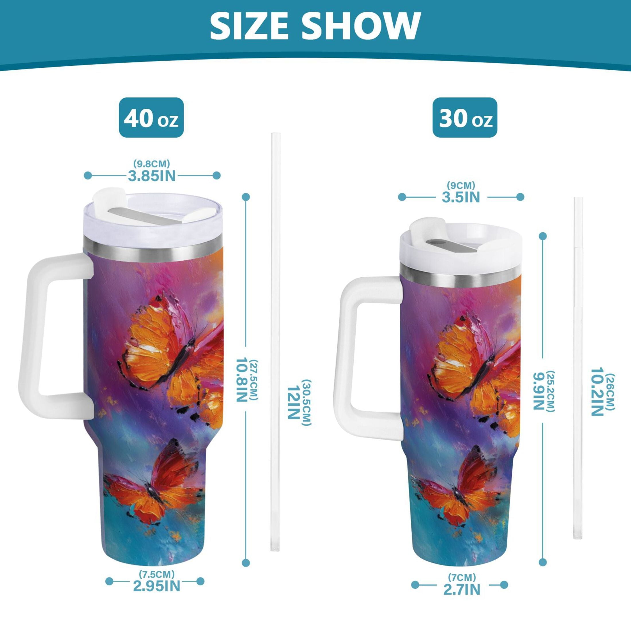 30 oz Insulated Stainless Steel Tumbler Double Wall Stainless Steel Tumbler with 2-Way Drinking Red and Orange Butterflies SBKN