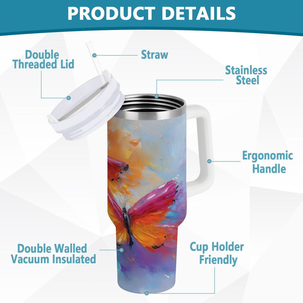 30 oz Insulated Stainless Steel Tumbler Double Wall Stainless Steel Tumbler with 2-Way Drinking Red and Orange Butterflies SBKN