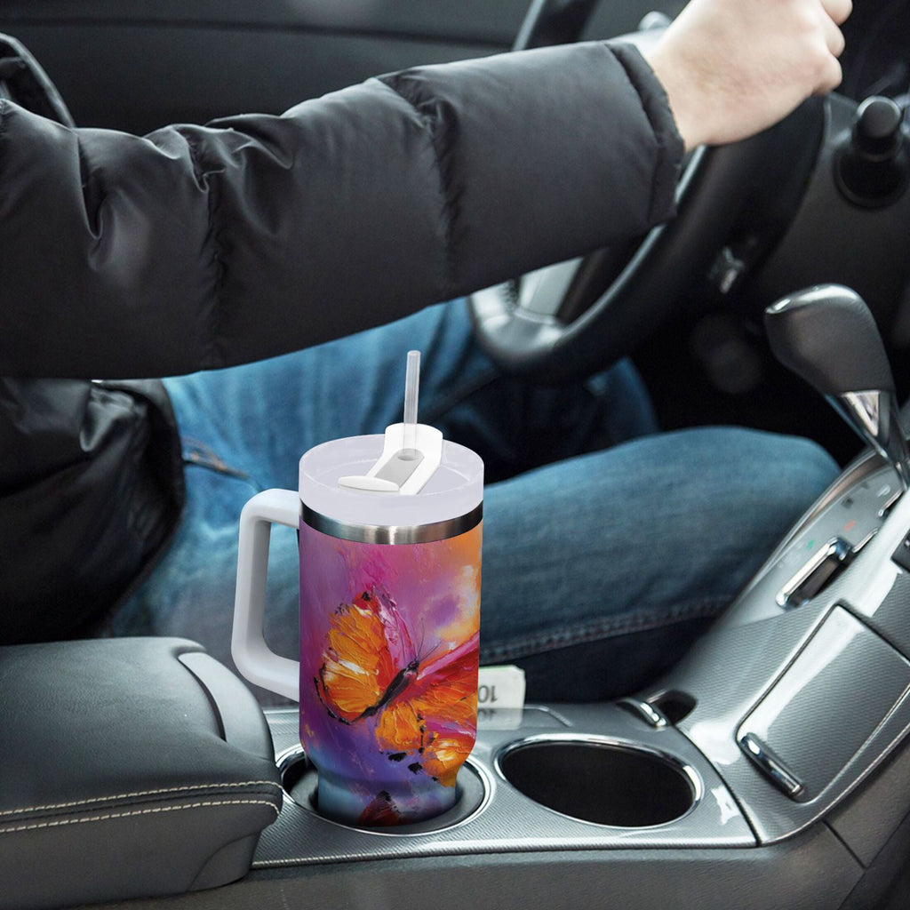 30 oz Insulated Stainless Steel Tumbler Double Wall Stainless Steel Tumbler with 2-Way Drinking Red and Orange Butterflies SBKN