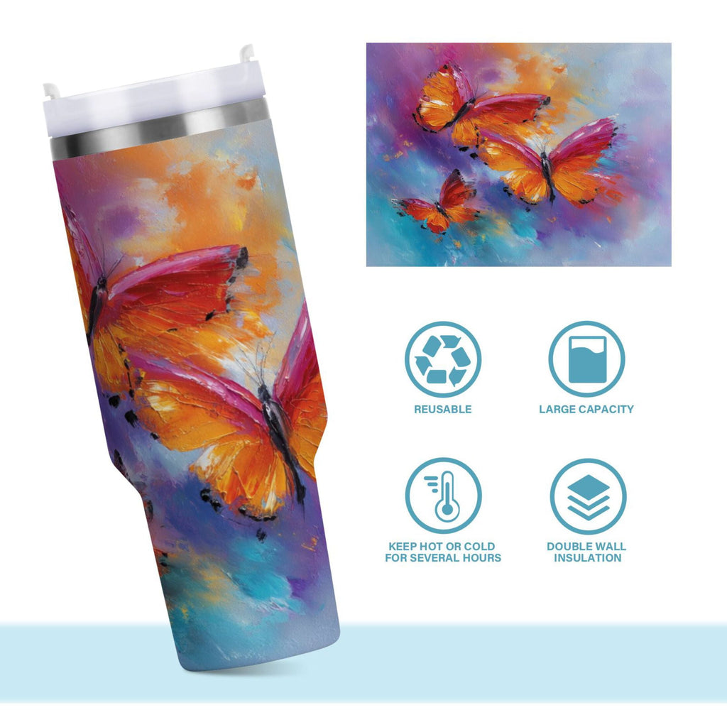 30 oz Insulated Stainless Steel Tumbler Double Wall Stainless Steel Tumbler with 2-Way Drinking Red and Orange Butterflies SBKN