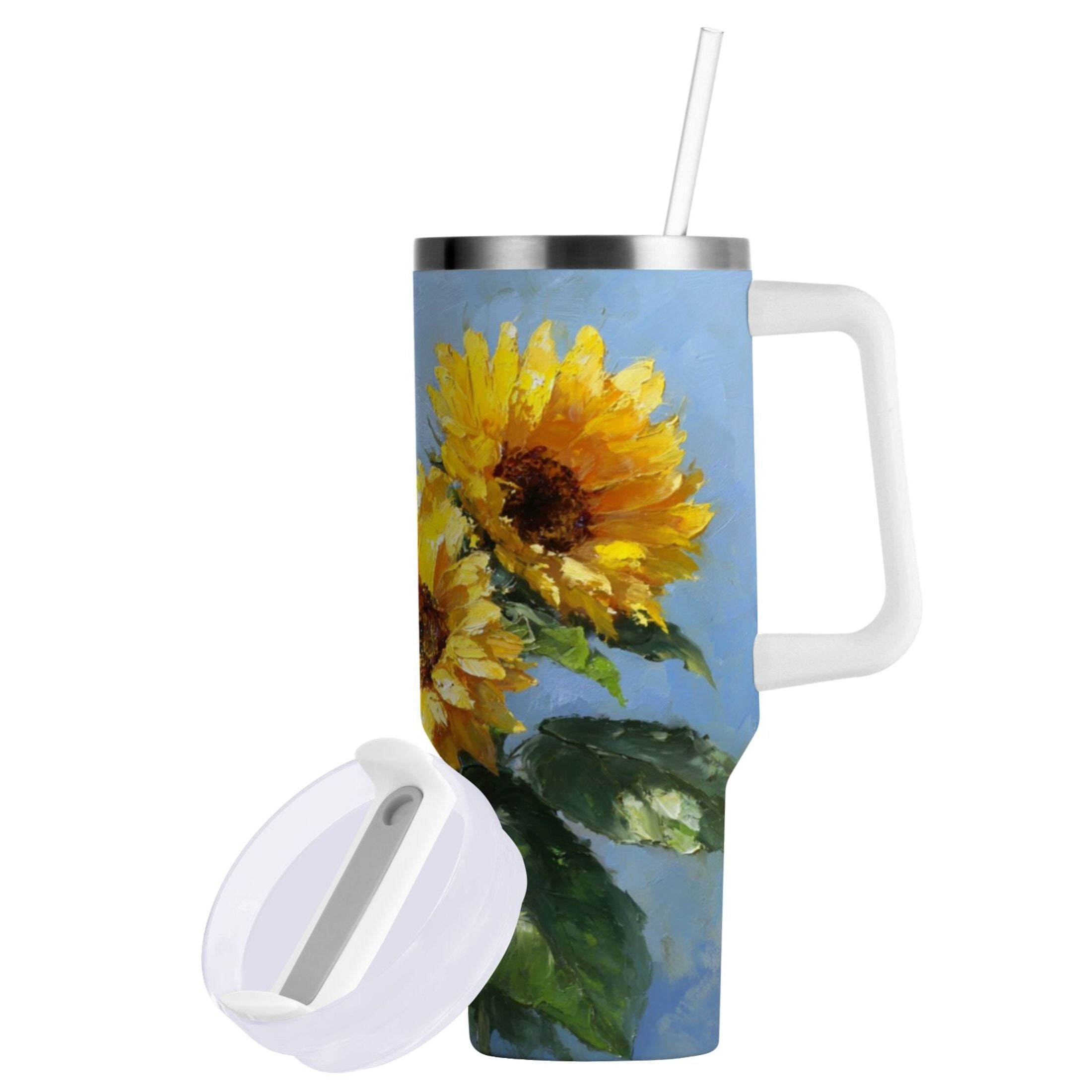 40 oz Insulated Stainless Steel Tumbler Double Wall Stainless Steel Tumbler with 2-Way Drinking Sunflowers Painting 0U05