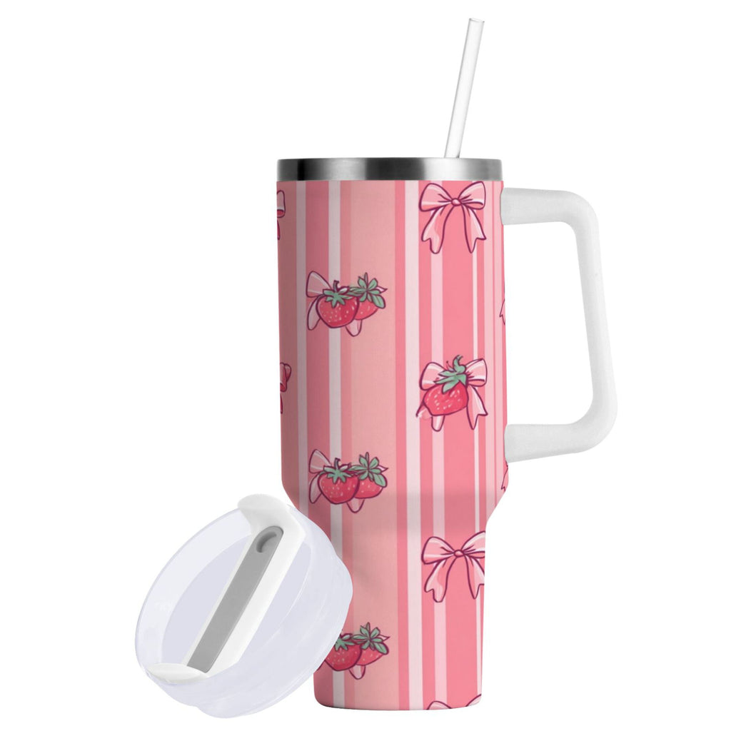 30 oz Insulated Stainless Steel Tumbler Double Wall Stainless Steel Tumbler with 2-Way Drinking Pink Bows and Strawberries RGCS
