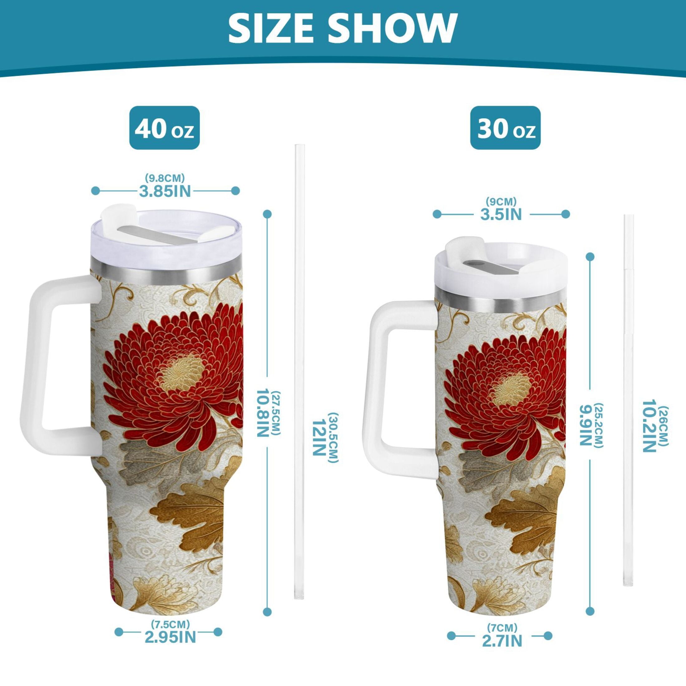 30 oz Insulated Stainless Steel Tumbler Double Wall Stainless Steel Tumbler with 2-Way Drinking Red Chrysanthemum Pattern 234D