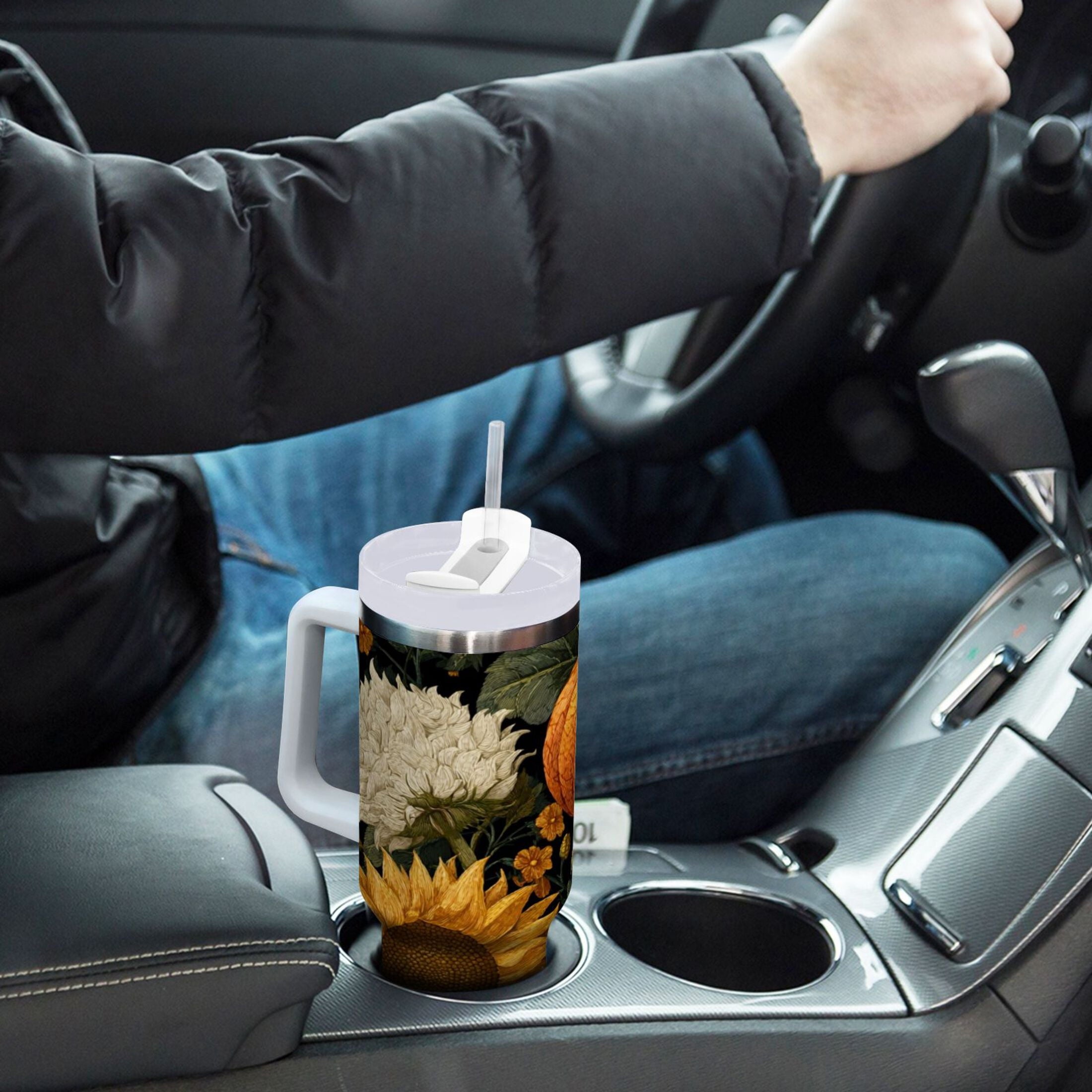 40 oz Insulated Stainless Steel Tumbler Double Wall Stainless Steel Tumbler with 2-Way Drinking Pumpkins and Sunflowers Pattern RK8B