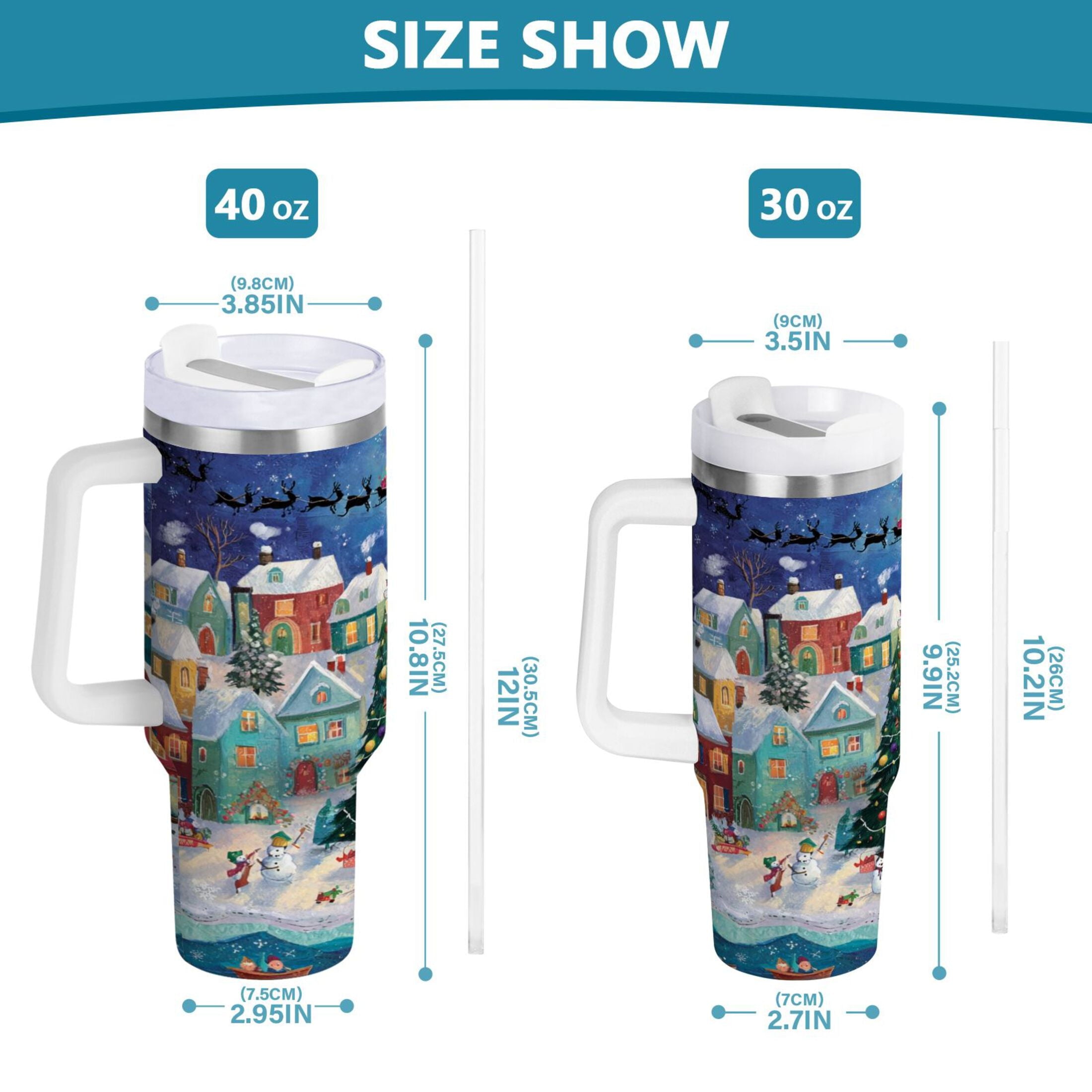 30 oz Insulated Stainless Steel Tumbler Double Wall Stainless Steel Tumbler with 2-Way Drinking Charming Christmas Scene TD3G