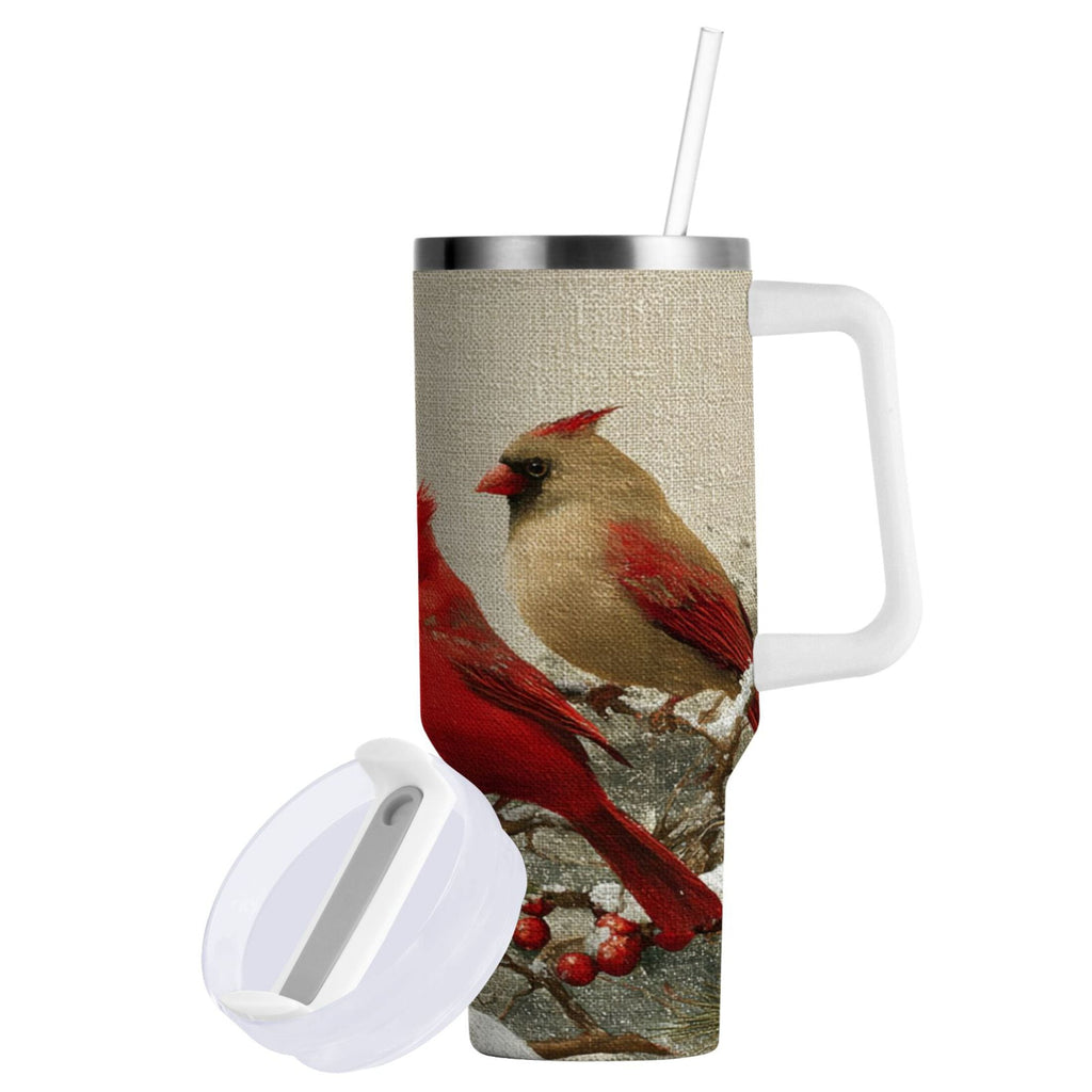 30 oz Insulated Stainless Steel Tumbler Double Wall Stainless Steel Tumbler with 2-Way Drinking Bird and Snow-covered Trees HRNS
