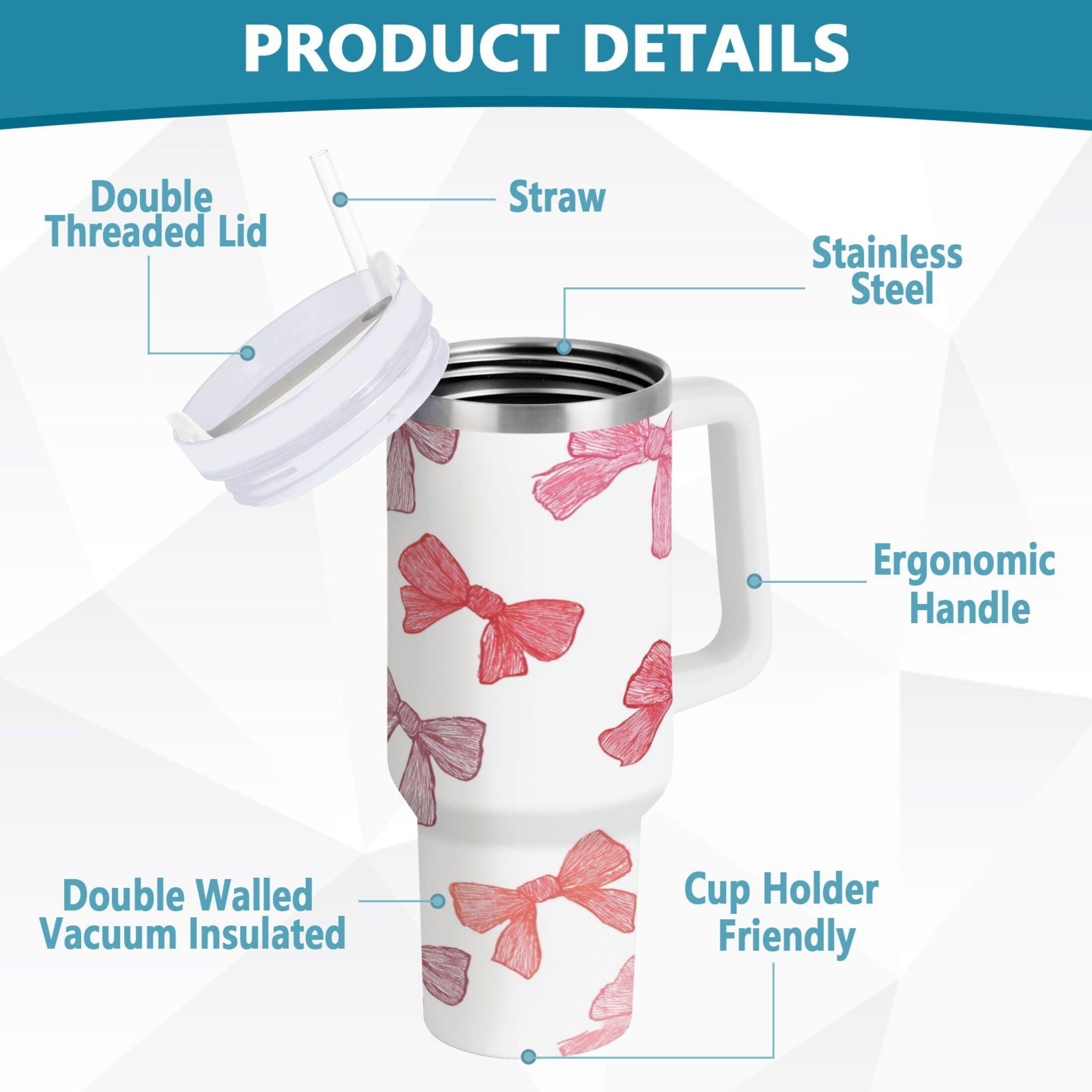 40 oz Insulated Stainless Steel Tumbler Double Wall Stainless Steel Tumbler with 2-Way Drinking Pink Bows Pattern 2NML
