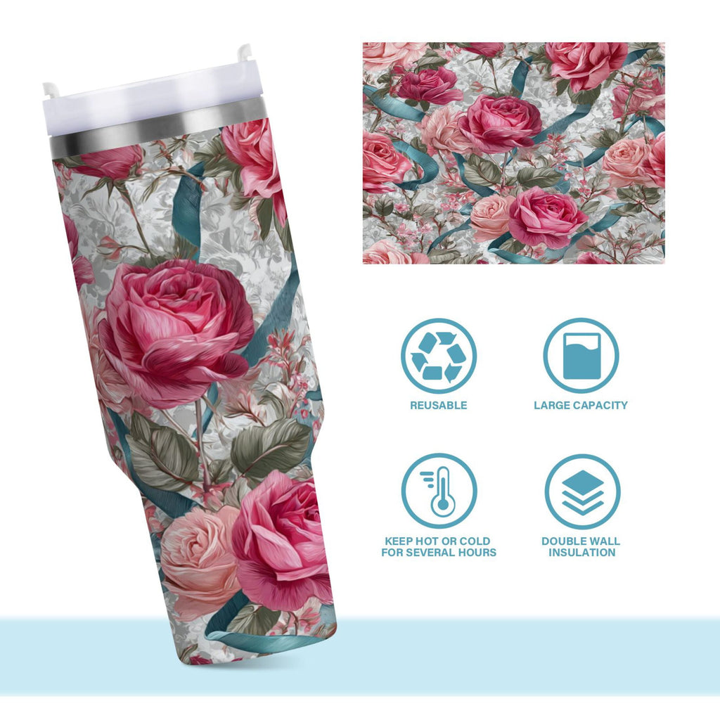30 oz Insulated Stainless Steel Tumbler Double Wall Stainless Steel Tumbler with 2-Way Drinking Roses and Ribbons HK6M