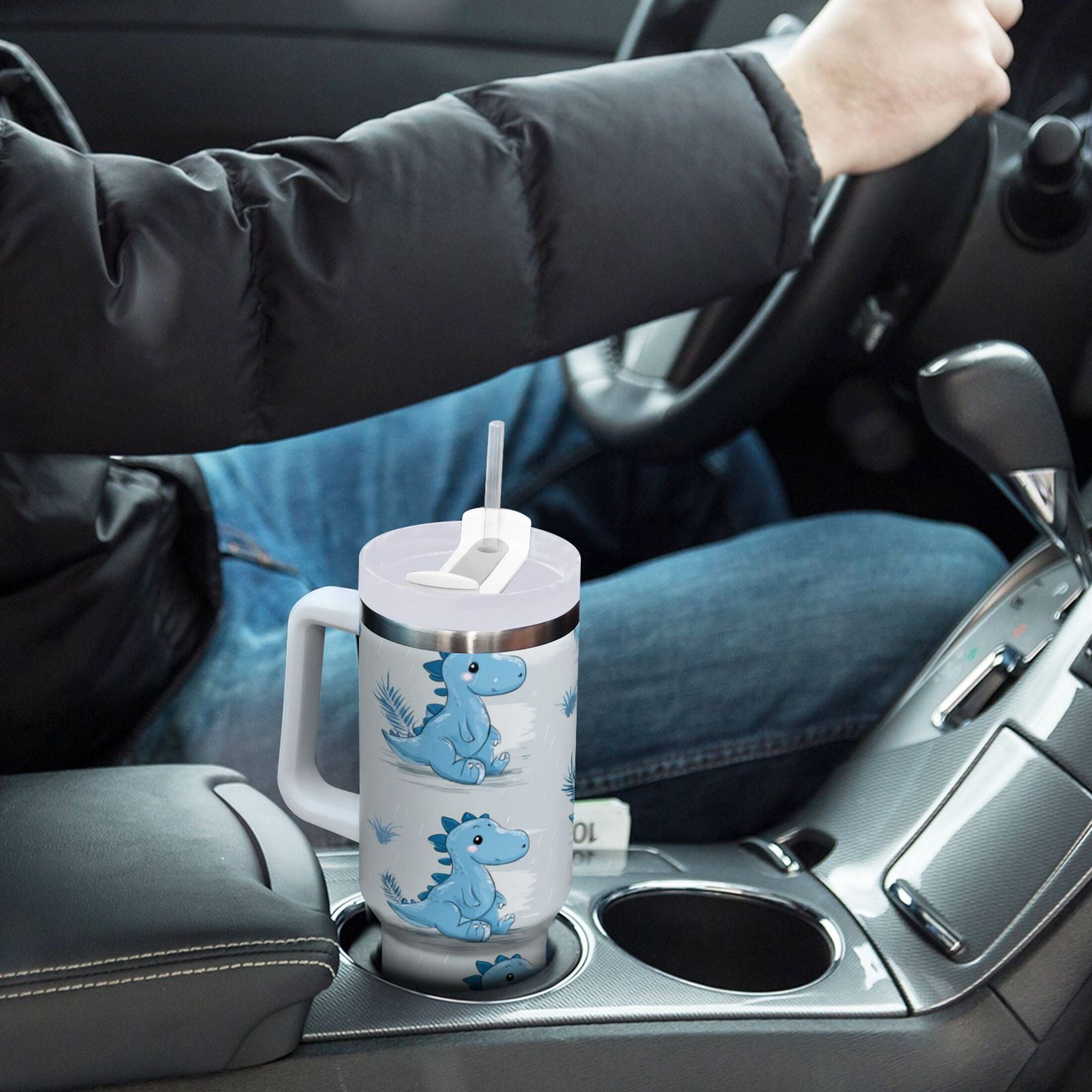 30 oz Insulated Stainless Steel Tumbler Double Wall Stainless Steel Tumbler with 2-Way Drinking Cartoon Blue Dinosaurs 73KN