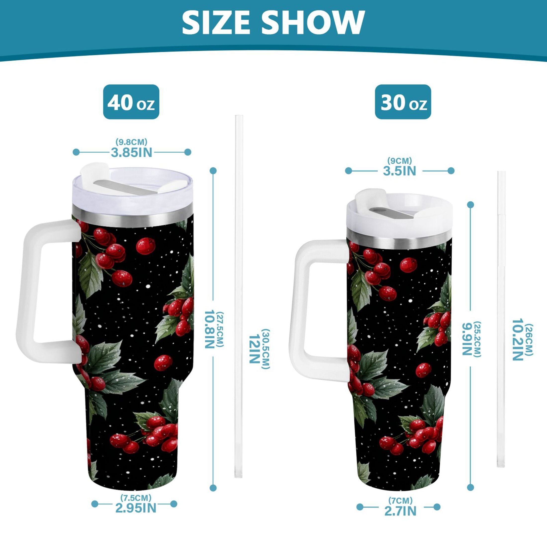 40 oz Insulated Stainless Steel Tumbler Double Wall Stainless Steel Tumbler with 2-Way Drinking Red Holly Berries Pattern UTTW