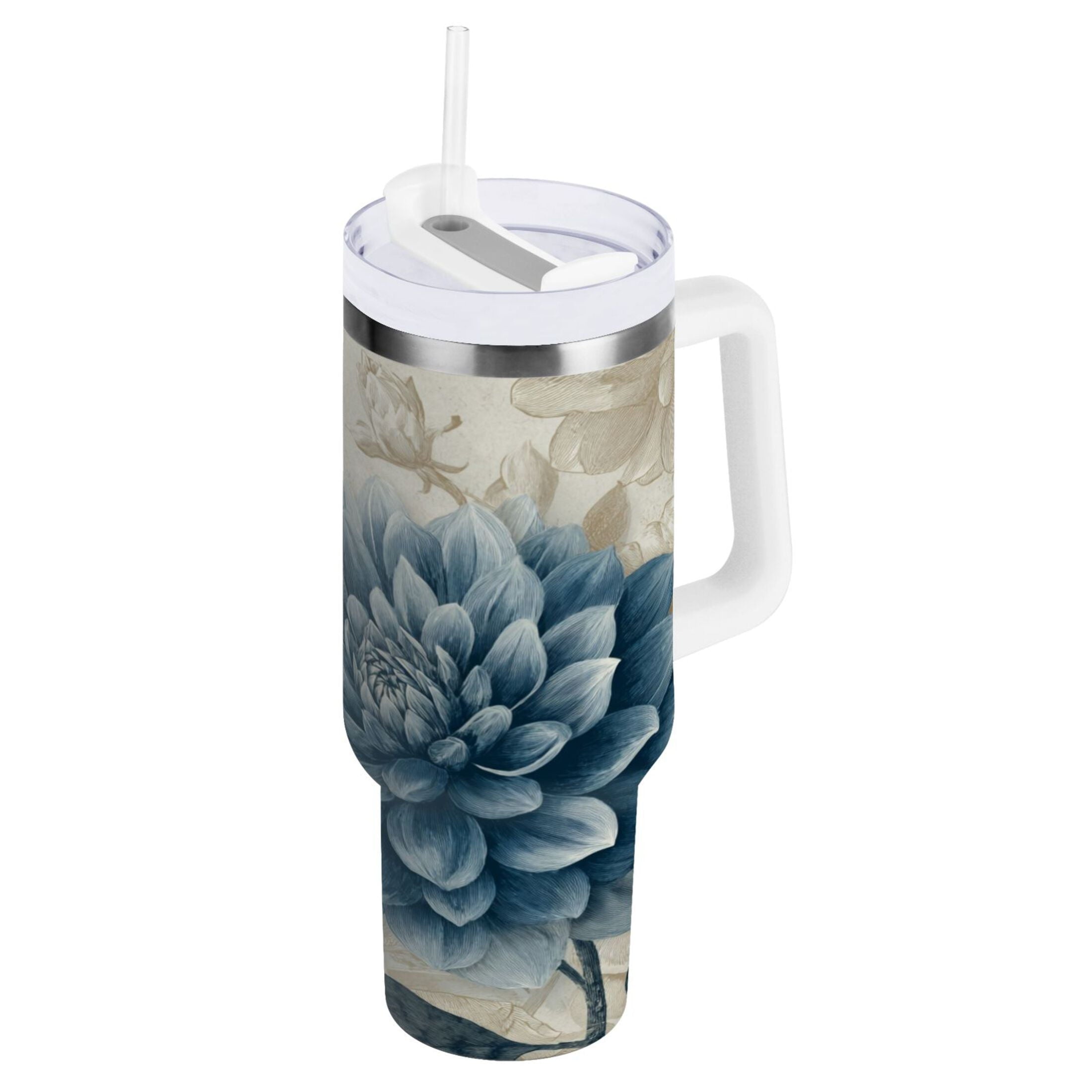 40 oz Insulated Stainless Steel Tumbler Double Wall Stainless Steel Tumbler with 2-Way Drinking Blue Flower with Butterflies BS59