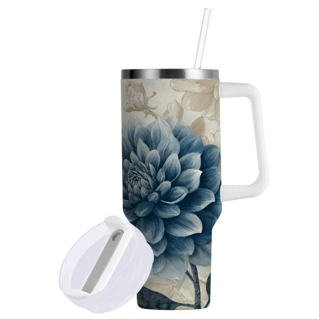 40 oz Insulated Stainless Steel Tumbler Double Wall Stainless Steel Tumbler with 2-Way Drinking Blue Flower with Butterflies BS59