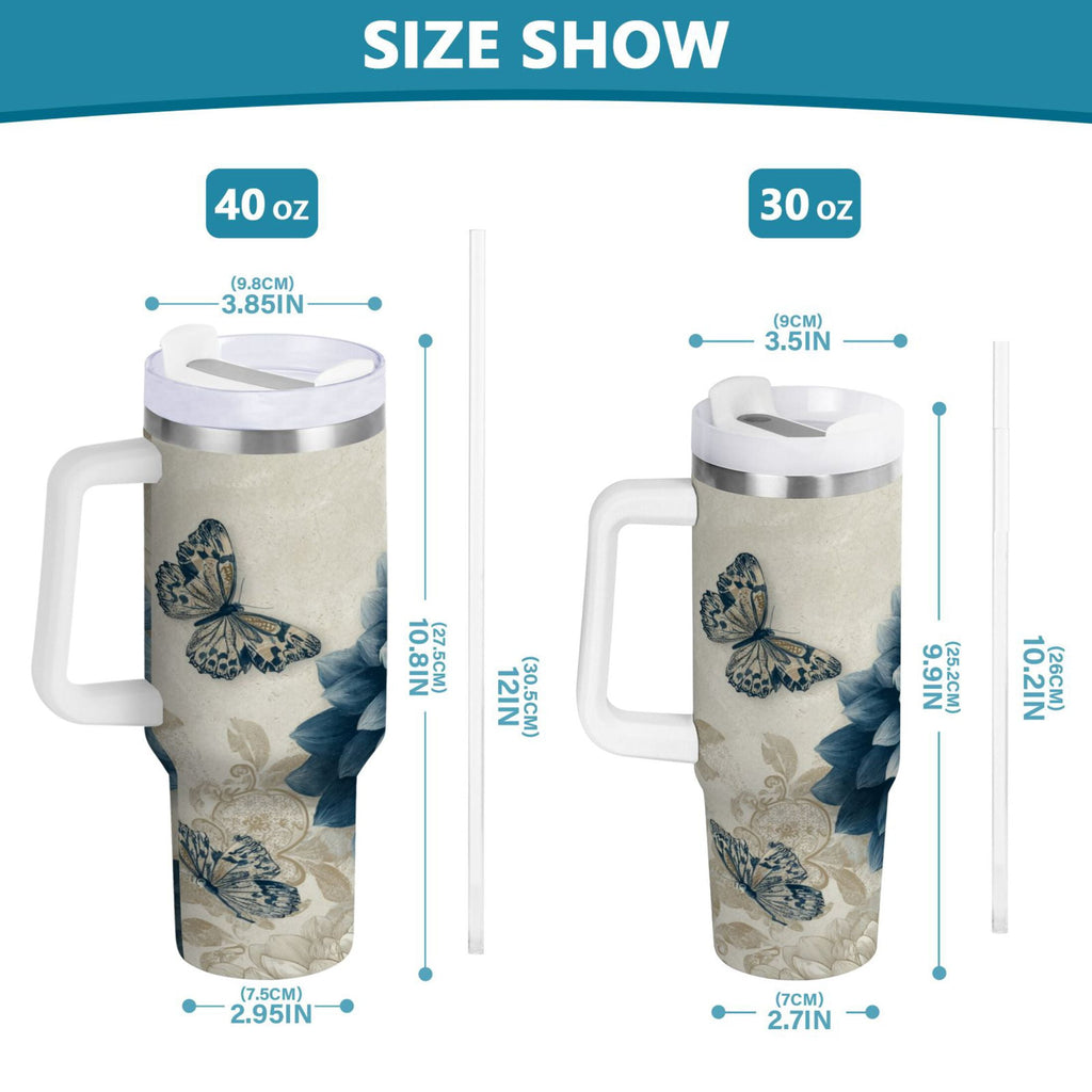 40 oz Insulated Stainless Steel Tumbler Double Wall Stainless Steel Tumbler with 2-Way Drinking Blue Flower with Butterflies BS59