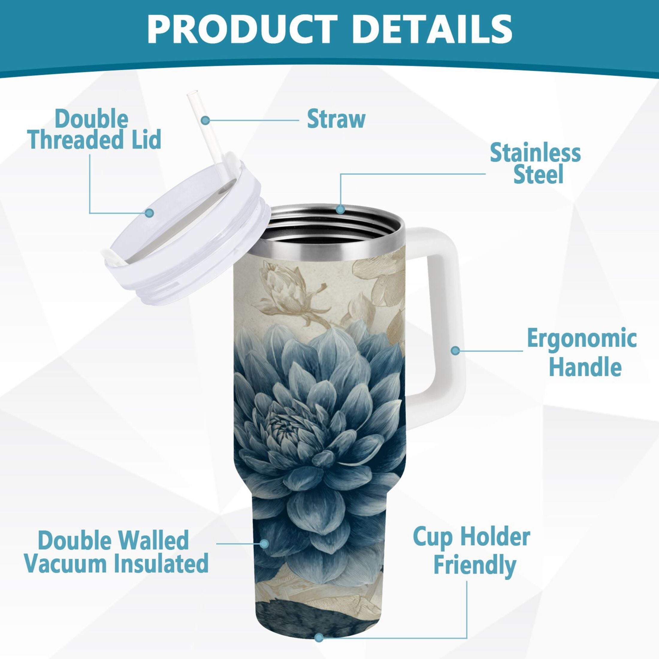 40 oz Insulated Stainless Steel Tumbler Double Wall Stainless Steel Tumbler with 2-Way Drinking Blue Flower with Butterflies BS59