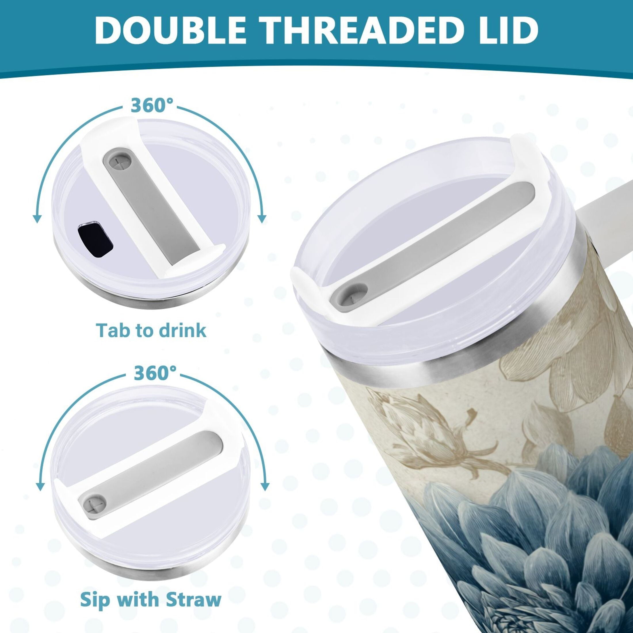 40 oz Insulated Stainless Steel Tumbler Double Wall Stainless Steel Tumbler with 2-Way Drinking Blue Flower with Butterflies BS59