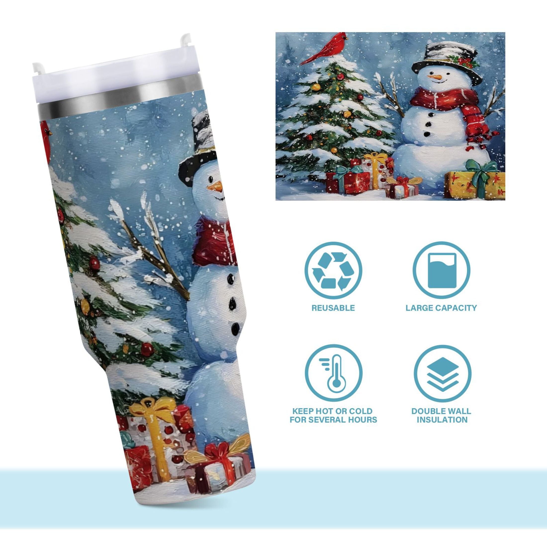 30 oz Insulated Stainless Steel Tumbler Double Wall Stainless Steel Tumbler with 2-Way Drinking Christmas Scene with Snowman XO04