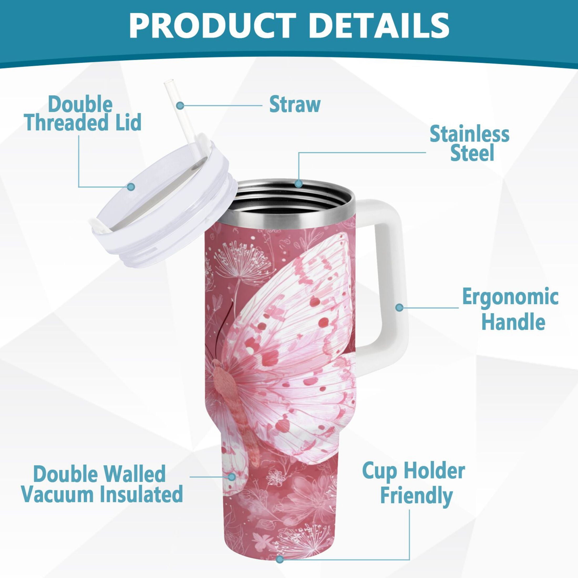 30 oz Insulated Stainless Steel Tumbler Double Wall Stainless Steel Tumbler with 2-Way Drinking Soft Pink Butterfly JRCR