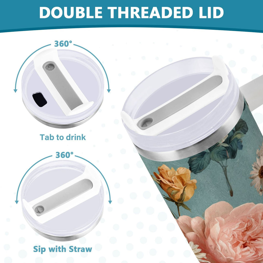 30 oz Insulated Stainless Steel Tumbler Double Wall Stainless Steel Tumbler with 2-Way Drinking Vintage Roses and Peonies 0GSB