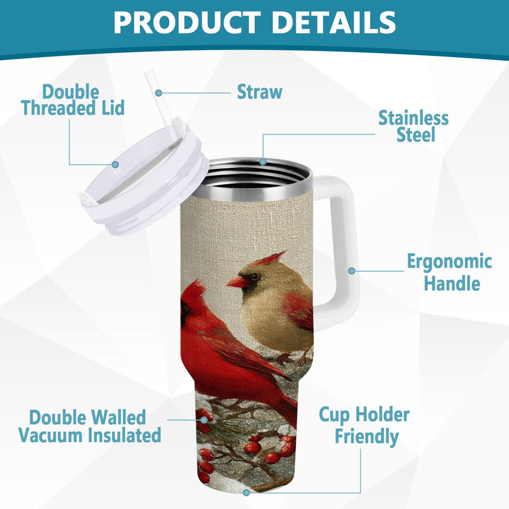 30 oz Insulated Stainless Steel Tumbler Double Wall Stainless Steel Tumbler with 2-Way Drinking Bird and Snow-covered Trees HRNS
