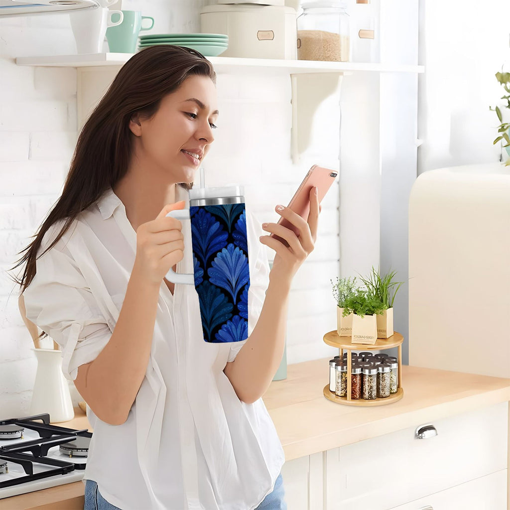30 oz Insulated Stainless Steel Tumbler Double Wall Stainless Steel Tumbler with 2-Way Drinking Blue Batik Leaves Pattern C787