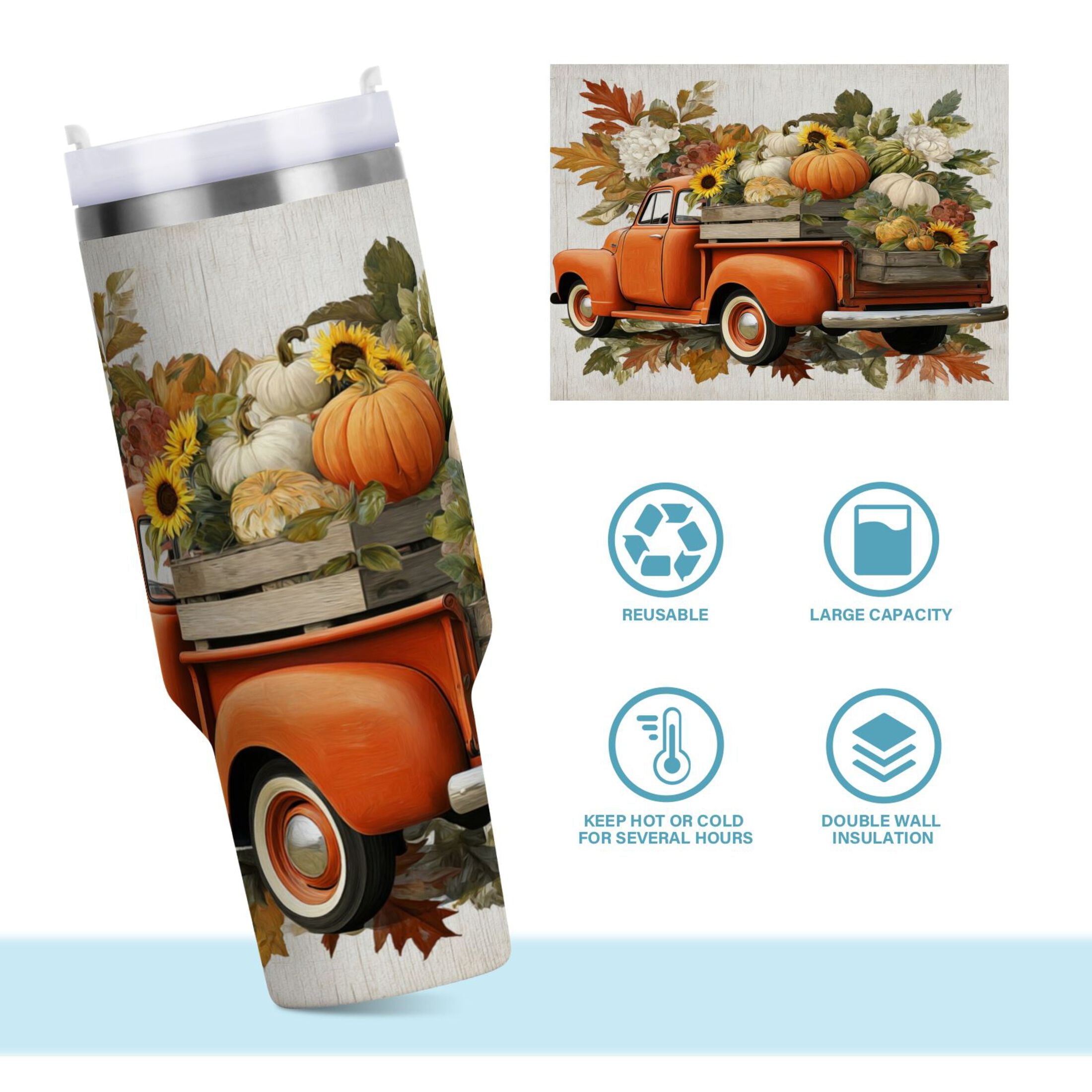 40 oz Insulated Stainless Steel Tumbler Double Wall Stainless Steel Tumbler with 2-Way Drinking Truck Full Of Pumpkins 1AJ5
