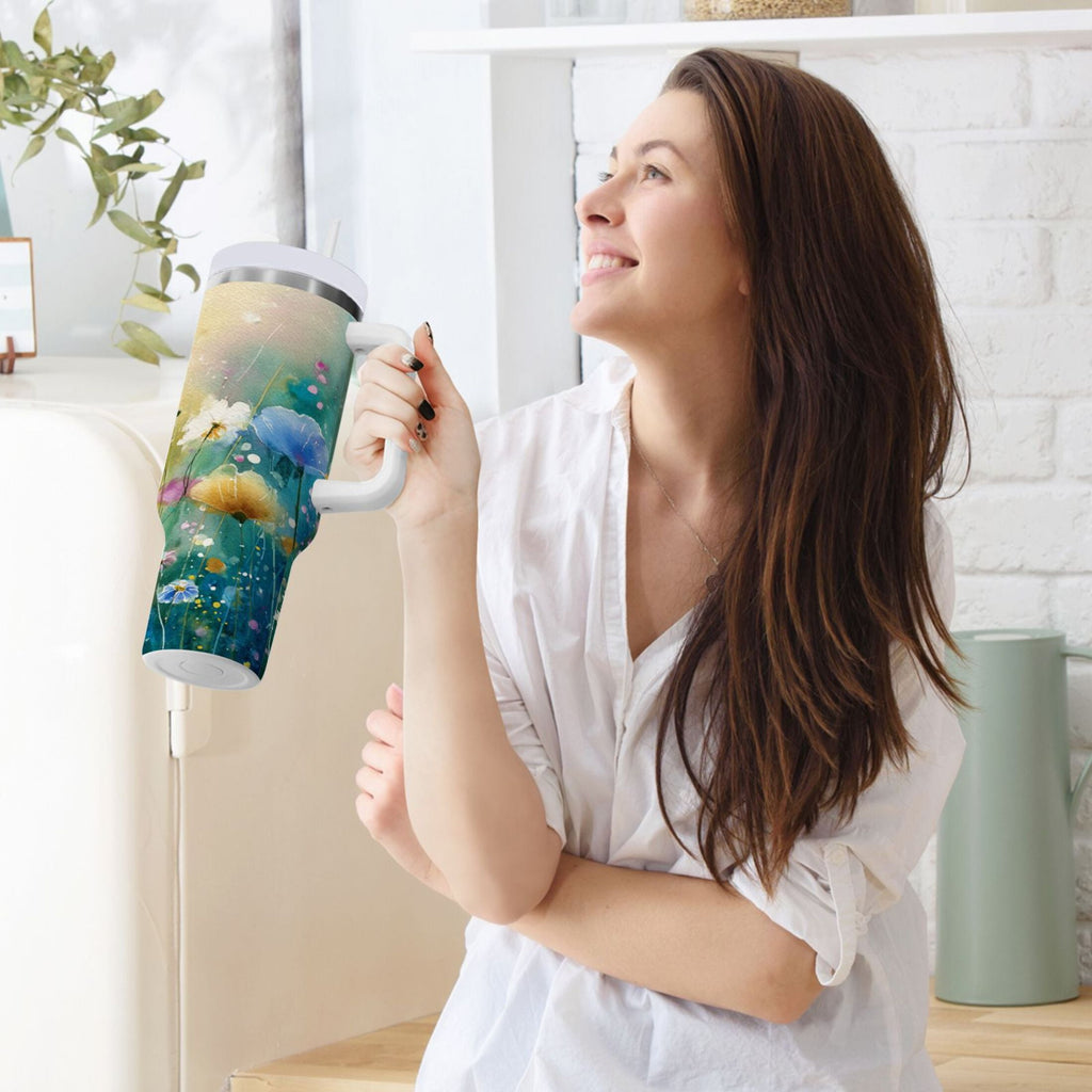 30 oz Insulated Stainless Steel Tumbler Double Wall Stainless Steel Tumbler with 2-Way Drinking Watercolor Wildflowers RLHN
