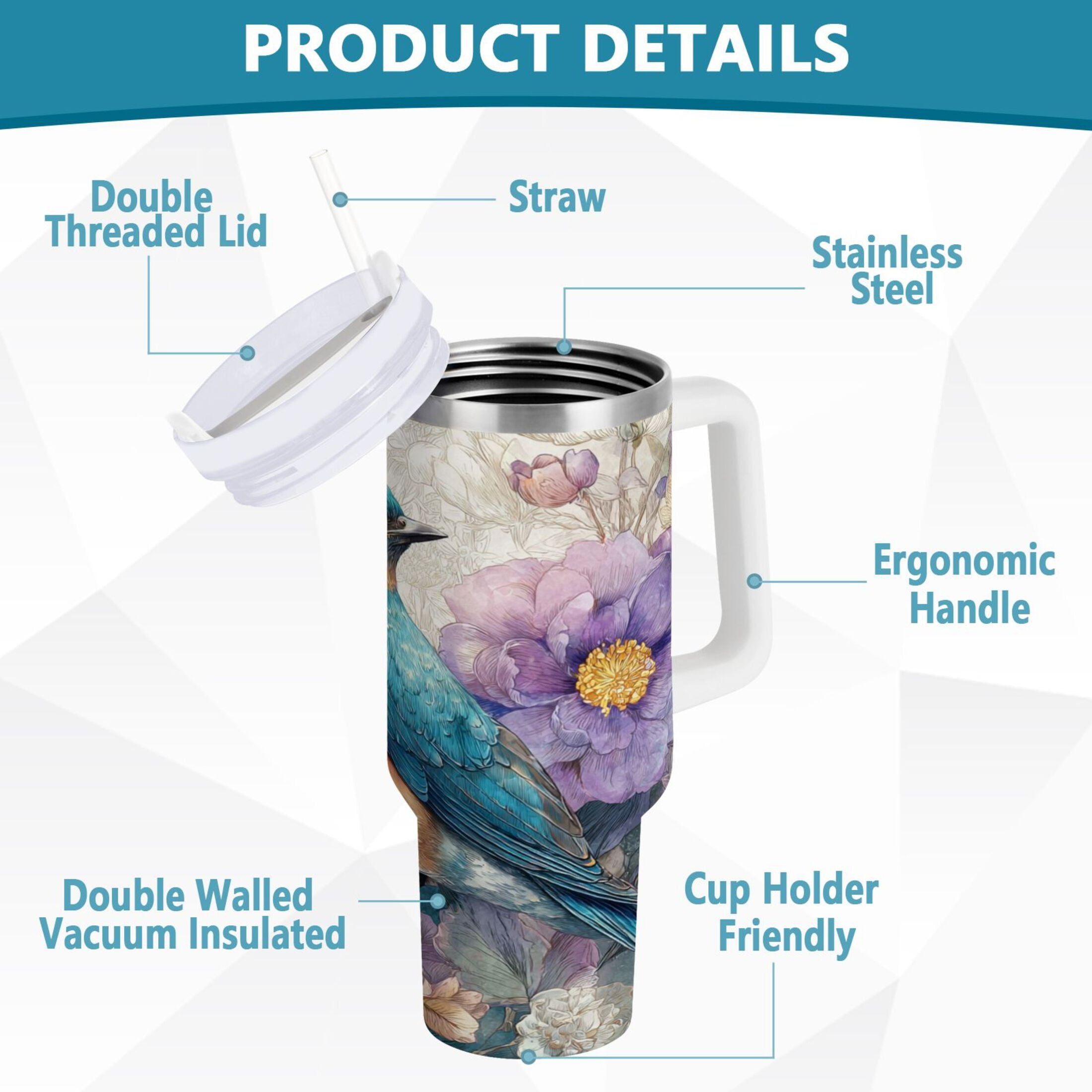 30 oz Insulated Stainless Steel Tumbler Double Wall Stainless Steel Tumbler with 2-Way Drinking Bluebird and Flower T4GS