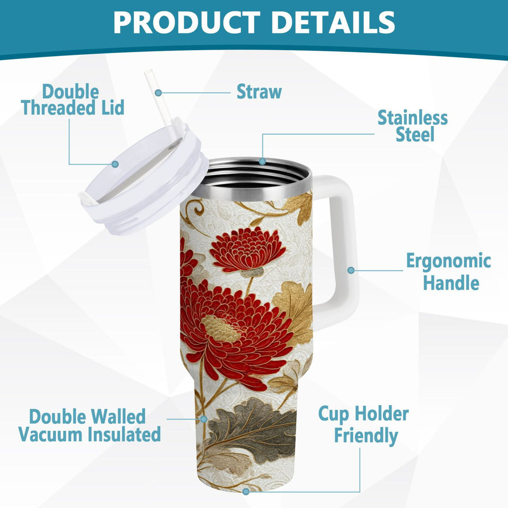 30 oz Insulated Stainless Steel Tumbler Double Wall Stainless Steel Tumbler with 2-Way Drinking Red Chrysanthemum Pattern 234D