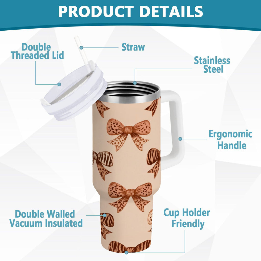 40 oz Insulated Stainless Steel Tumbler Double Wall Stainless Steel Tumbler with 2-Way Drinking Leopard Print Bow 59TL