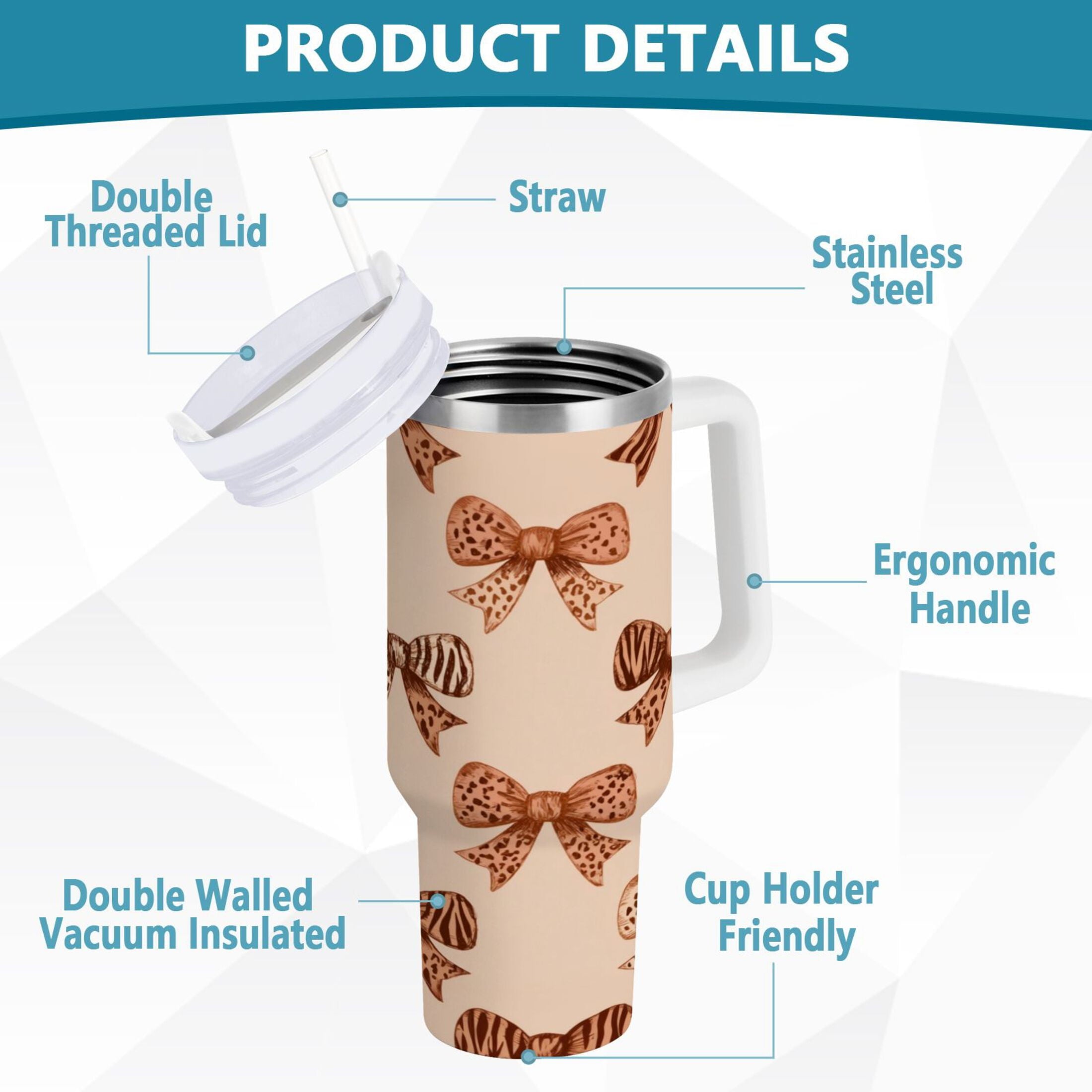 40 oz Insulated Stainless Steel Tumbler Double Wall Stainless Steel Tumbler with 2-Way Drinking Leopard Print Bow 59TL