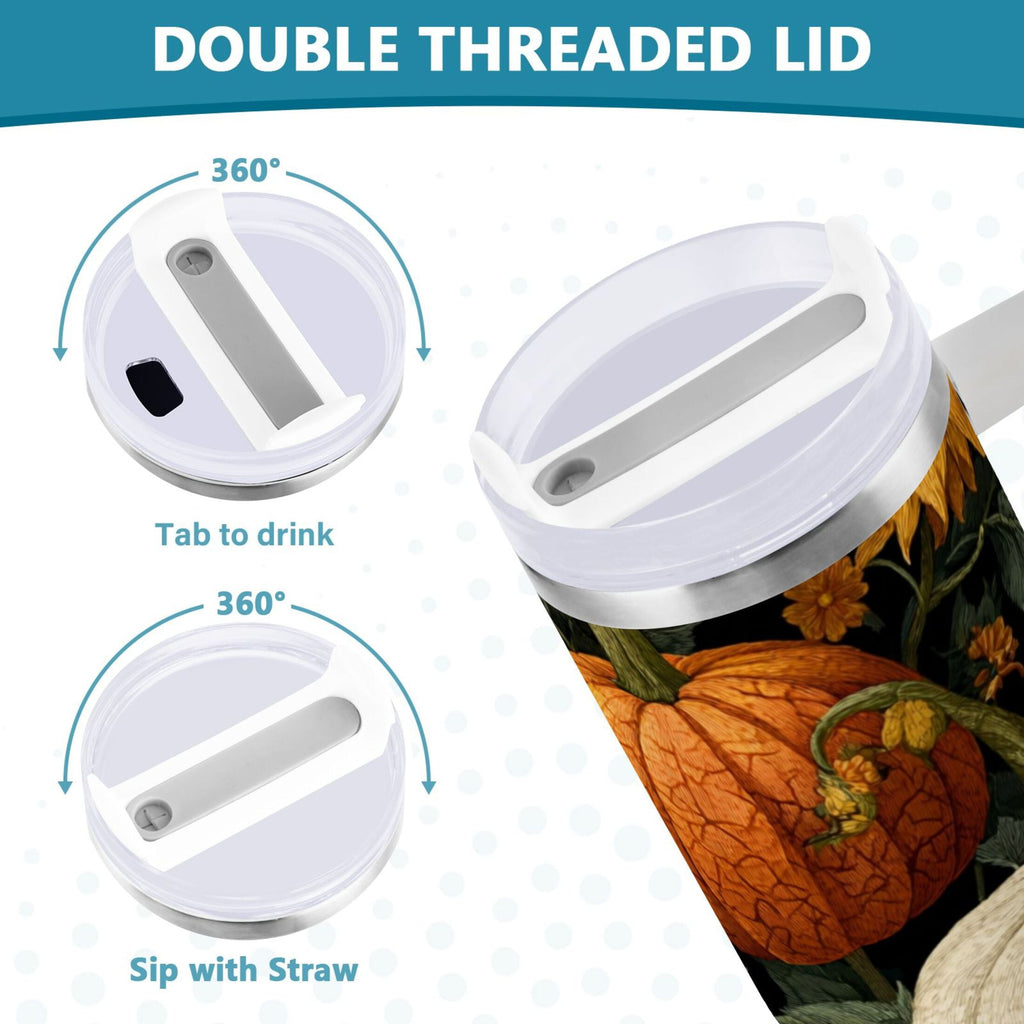 40 oz Insulated Stainless Steel Tumbler Double Wall Stainless Steel Tumbler with 2-Way Drinking Pumpkins and Sunflowers Pattern RK8B