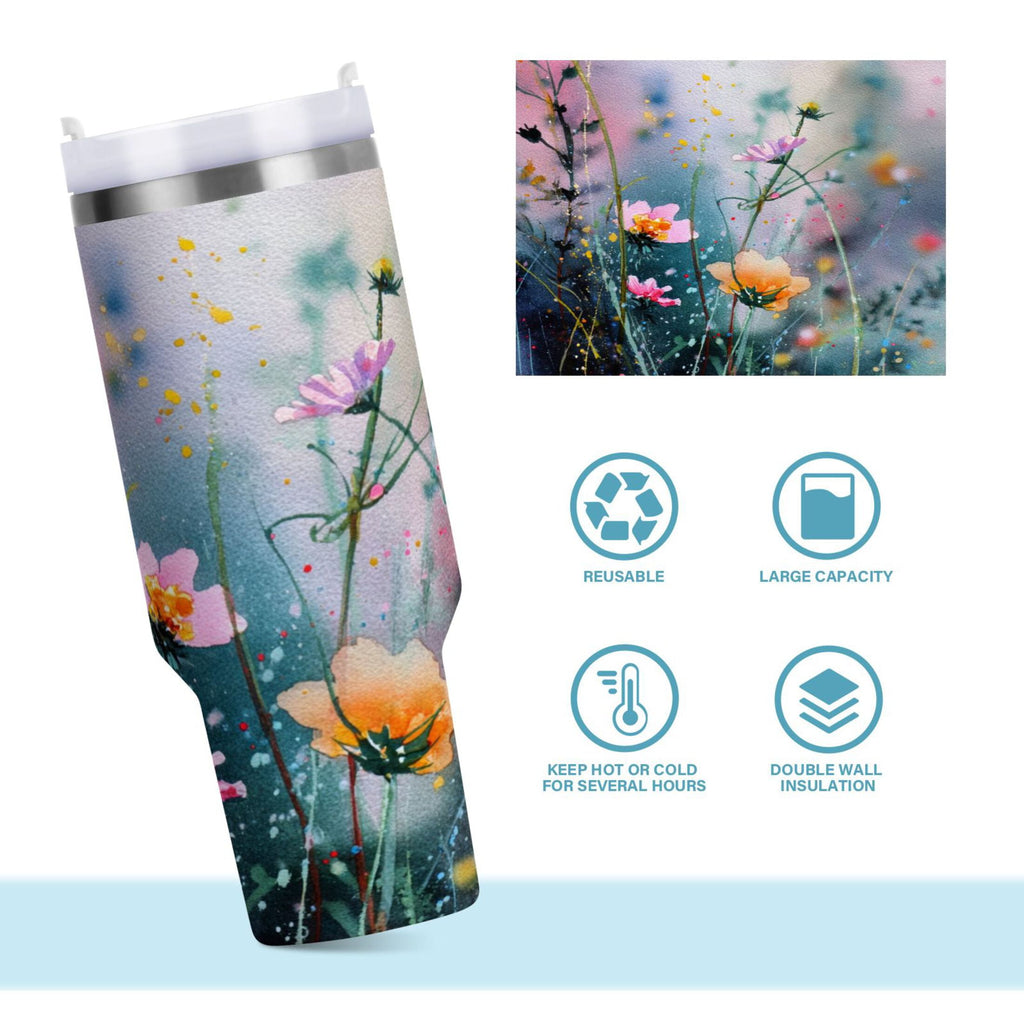 40 oz Insulated Stainless Steel Tumbler Double Wall Stainless Steel Tumbler with 2-Way Drinking Abstract Wildflowers UZH3