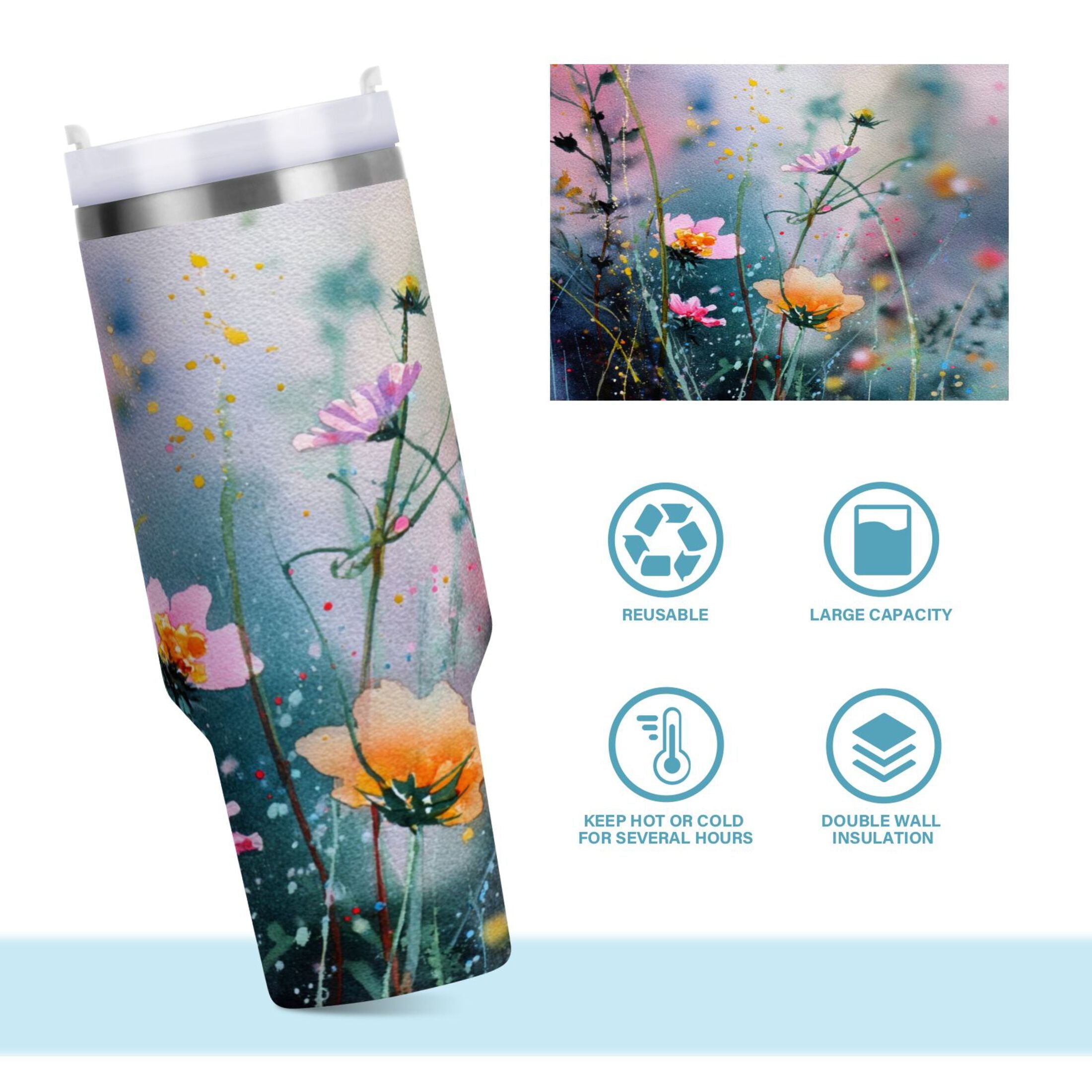40 oz Insulated Stainless Steel Tumbler Double Wall Stainless Steel Tumbler with 2-Way Drinking Abstract Wildflowers UZH3
