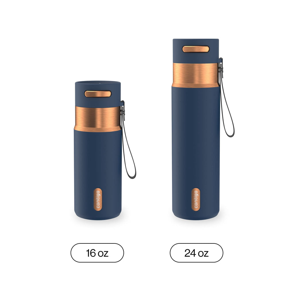 Contigo AutoSeal Leakproof Stainless Steel Reusable Water Bottle Tumbler with Carrying Strap, Cream/Champagne, 24 oz XIPA