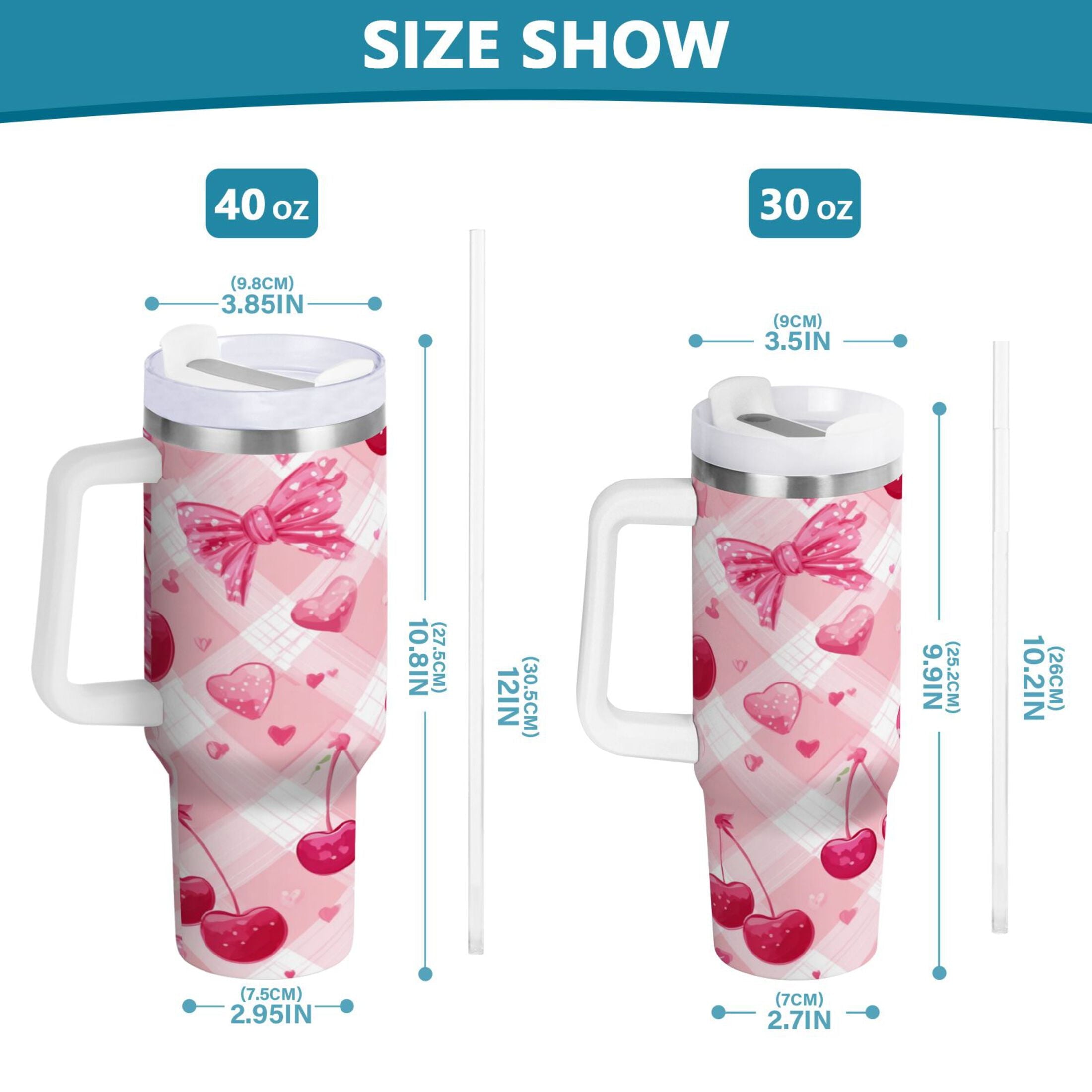 30 oz Insulated Stainless Steel Tumbler Double Wall Stainless Steel Tumbler with 2-Way Drinking Cherry and Pink Bow Pattern N7YV