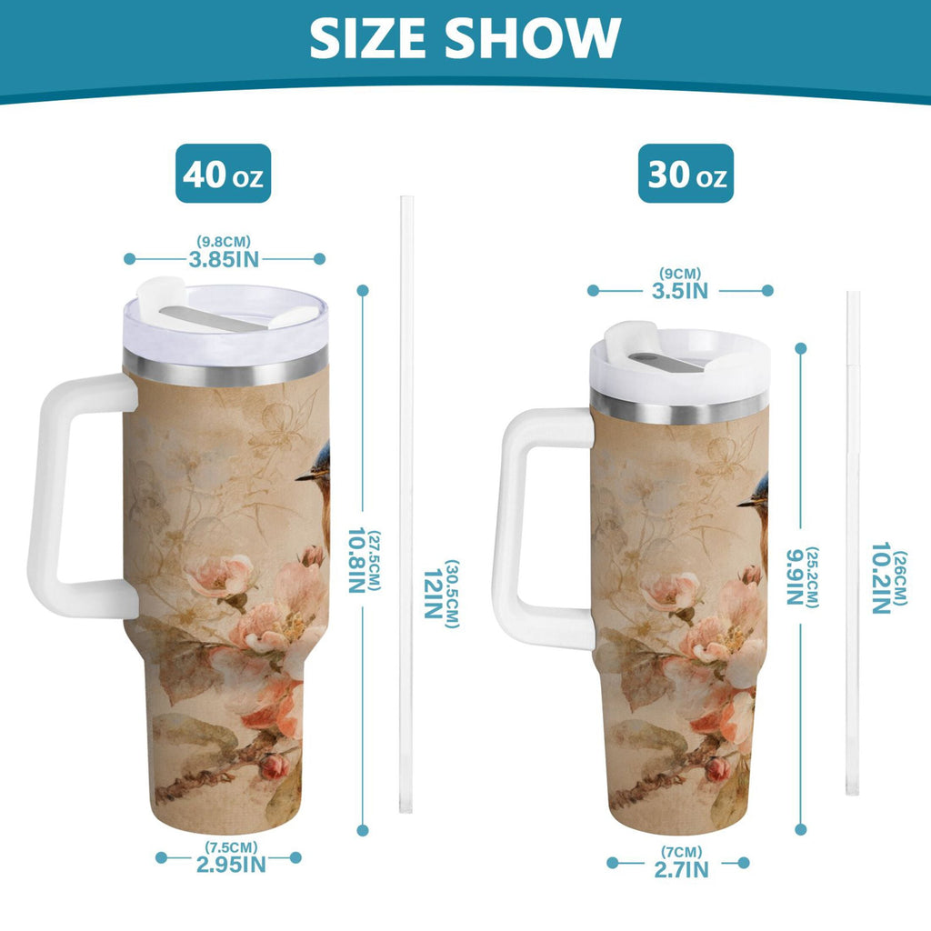 40 oz Insulated Stainless Steel Tumbler Double Wall Stainless Steel Tumbler with 2-Way Drinking Bluebird and Ancient Flowers ISGB