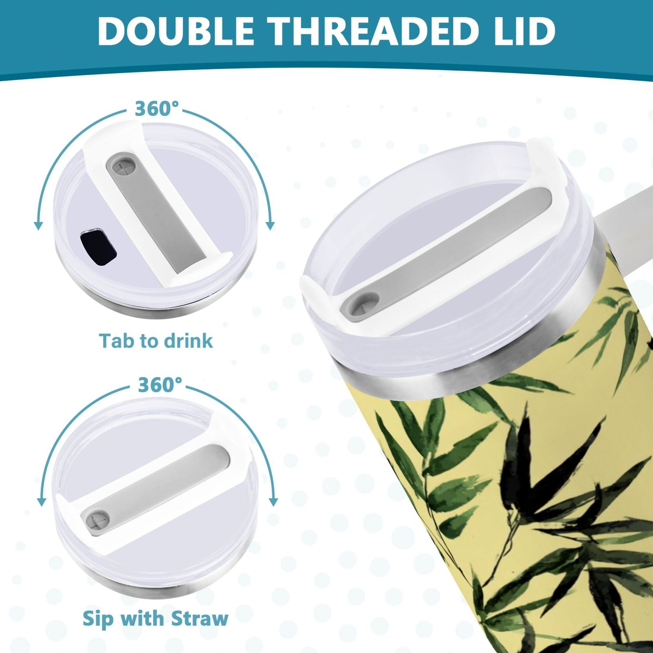 30 oz Insulated Stainless Steel Tumbler Double Wall Stainless Steel Tumbler with 2-Way Drinking Bamboo and Green Leaves 1GIA